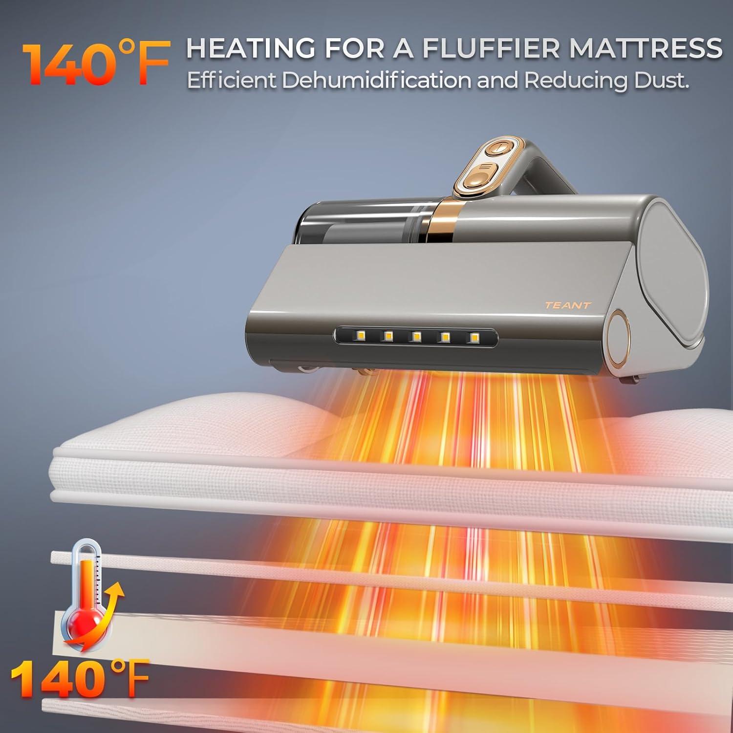 Mattress Vacuum Bed Vacuum Cleaner with 253.7nm UV-C Light, HEPA Filter & 140℉ Heating, 500W & 15Kpa Strong Suction, Lightweight Handheld Vacuum with Dual-Cup Design for Bed and Pet Hair