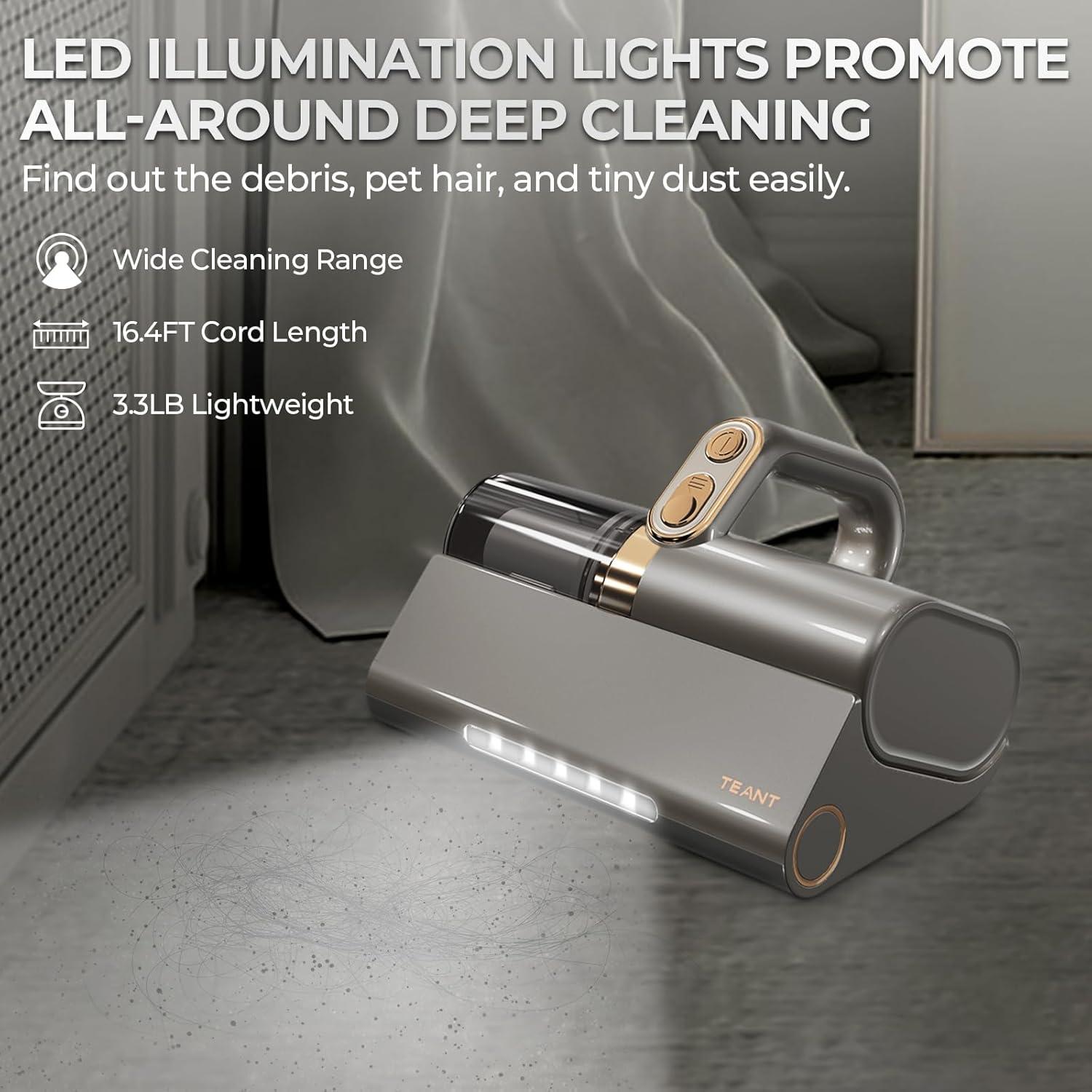 Mattress Vacuum Bed Vacuum Cleaner with 253.7nm UV-C Light, HEPA Filter & 140℉ Heating, 500W & 15Kpa Strong Suction, Lightweight Handheld Vacuum with Dual-Cup Design for Bed and Pet Hair