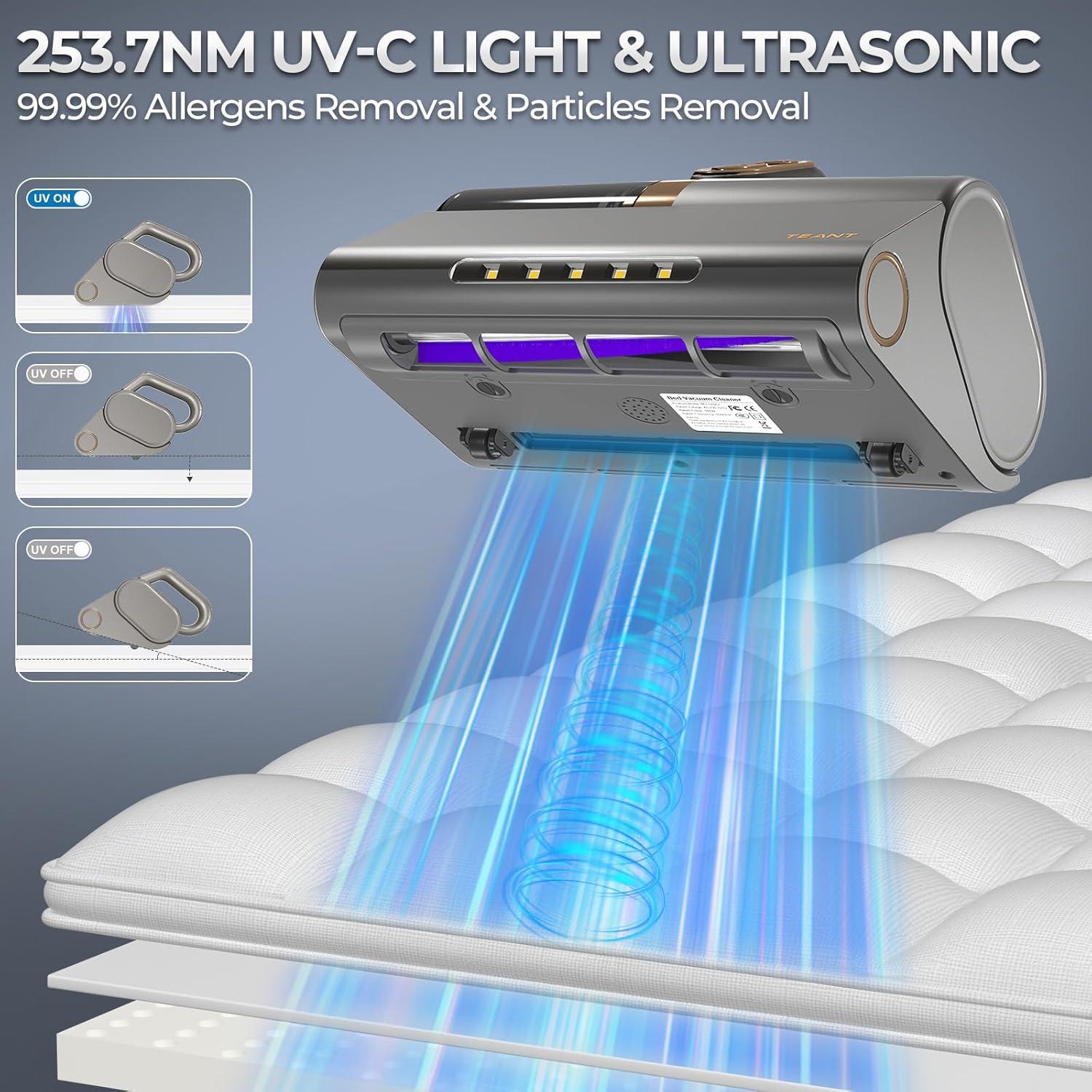 Mattress Vacuum Bed Vacuum Cleaner with 253.7nm UV-C Light, HEPA Filter & 140℉ Heating, 500W & 15Kpa Strong Suction, Lightweight Handheld Vacuum with Dual-Cup Design for Bed and Pet Hair