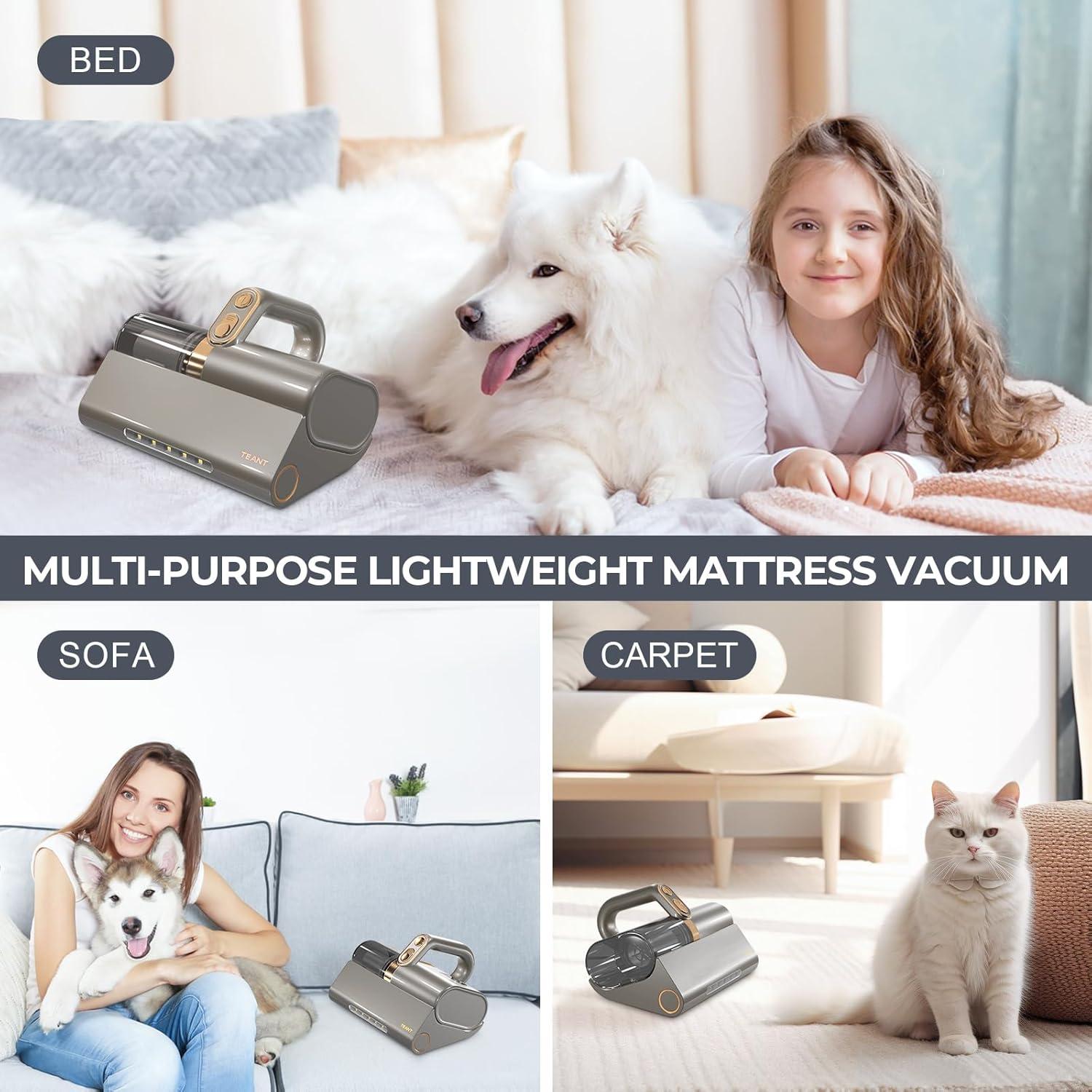 Mattress Vacuum Bed Vacuum Cleaner with 253.7nm UV-C Light, HEPA Filter & 140℉ Heating, 500W & 15Kpa Strong Suction, Lightweight Handheld Vacuum with Dual-Cup Design for Bed and Pet Hair