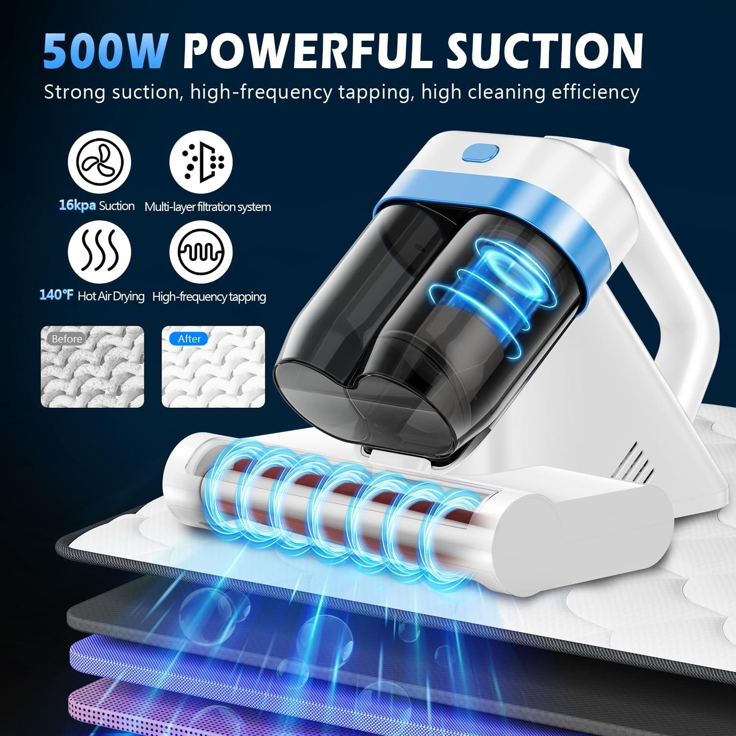 Mattress Cleaner Vacuum with Strong Suction, Ultrasonic Heating Tech & 140°F Heat & Widened Port Vacuum, 500W 20Kpa Power Double-Cup Handheld Bed Vacuums for Cribs Pillows Fabric Surface