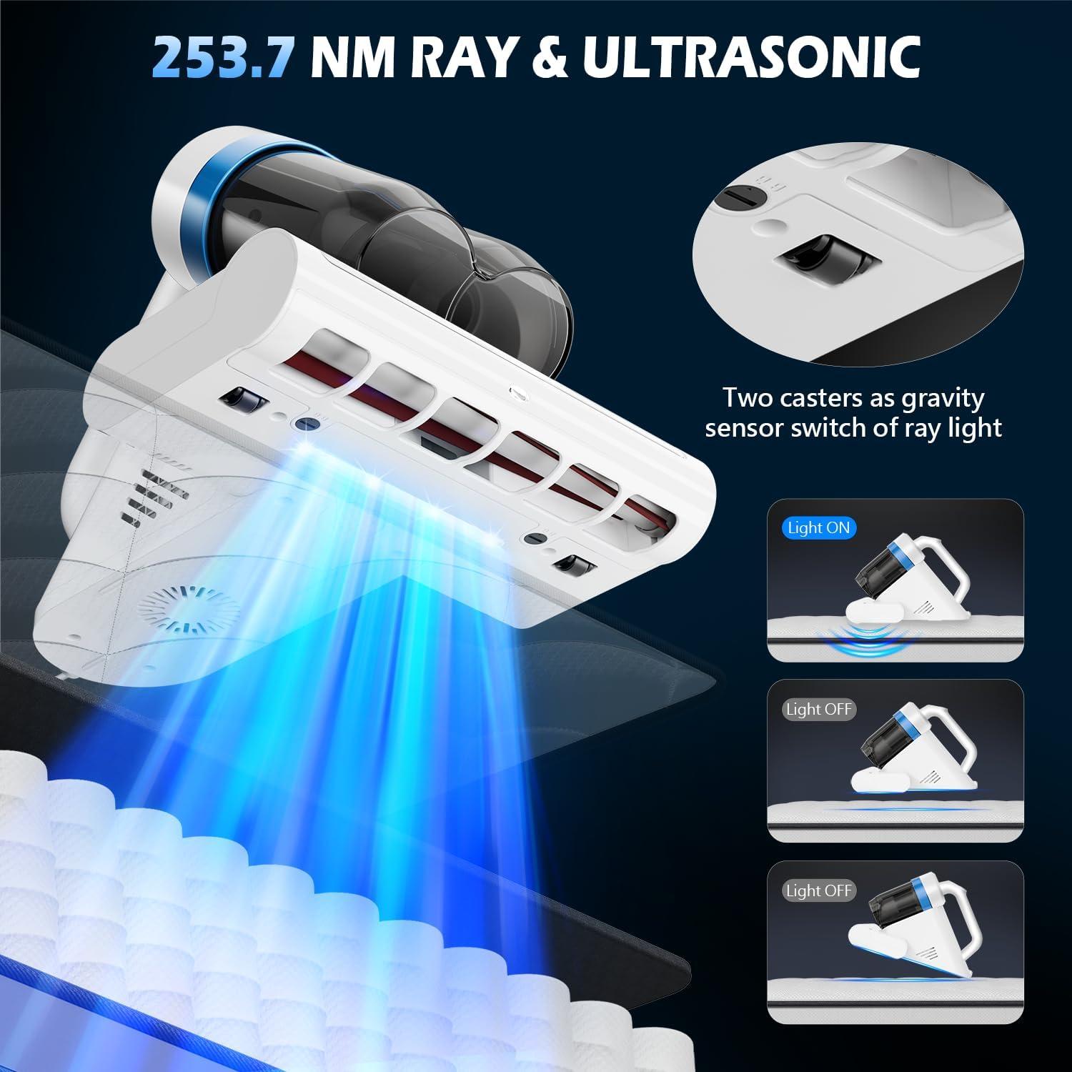 Mattress Cleaner Vacuum with Strong Suction, Ultrasonic Heating Tech & 140°F Heat & Widened Port Vacuum, 500W 20Kpa Power Double-Cup Handheld Bed Vacuums for Cribs Pillows Fabric Surface