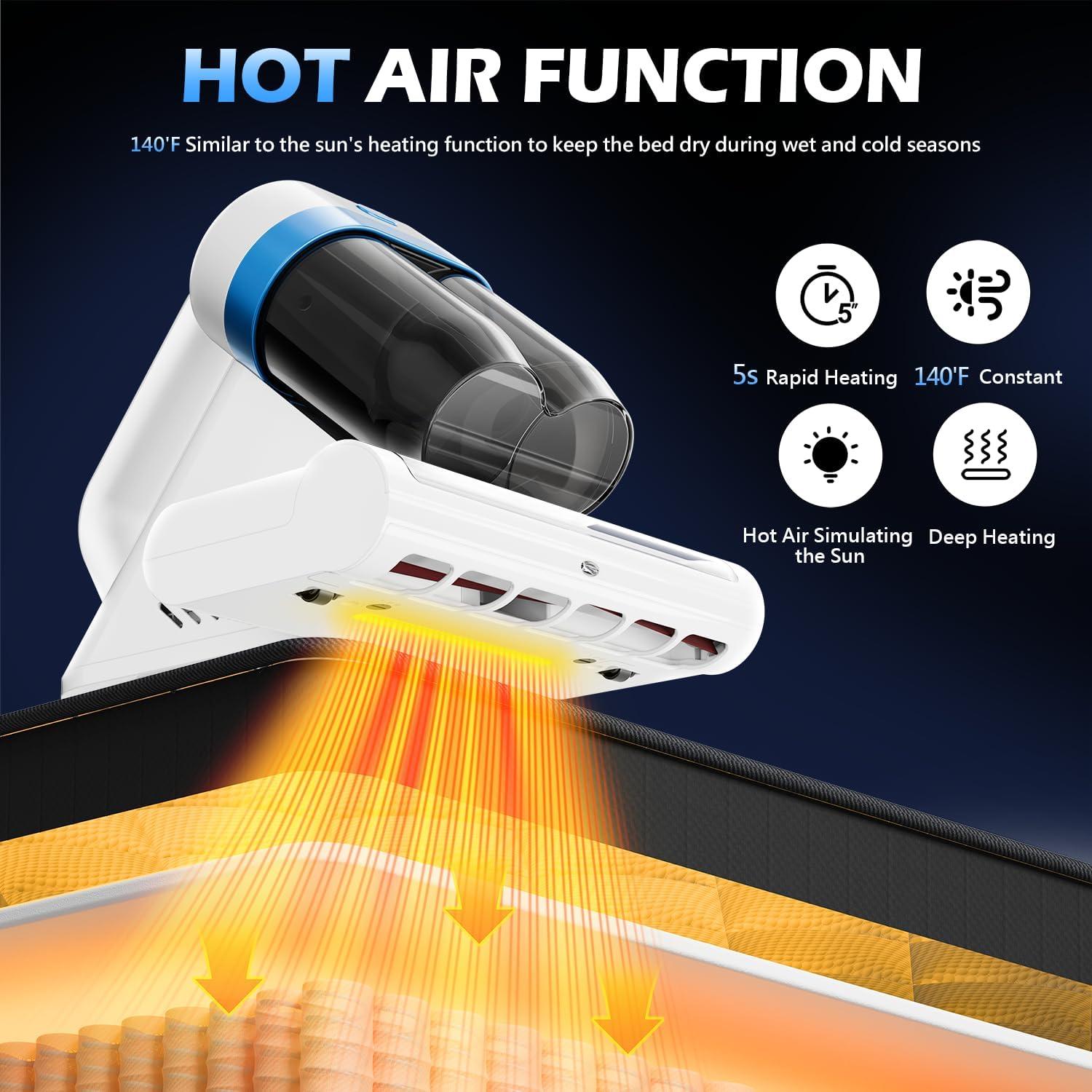 Mattress Cleaner Vacuum with Strong Suction, Ultrasonic Heating Tech & 140°F Heat & Widened Port Vacuum, 500W 20Kpa Power Double-Cup Handheld Bed Vacuums for Cribs Pillows Fabric Surface