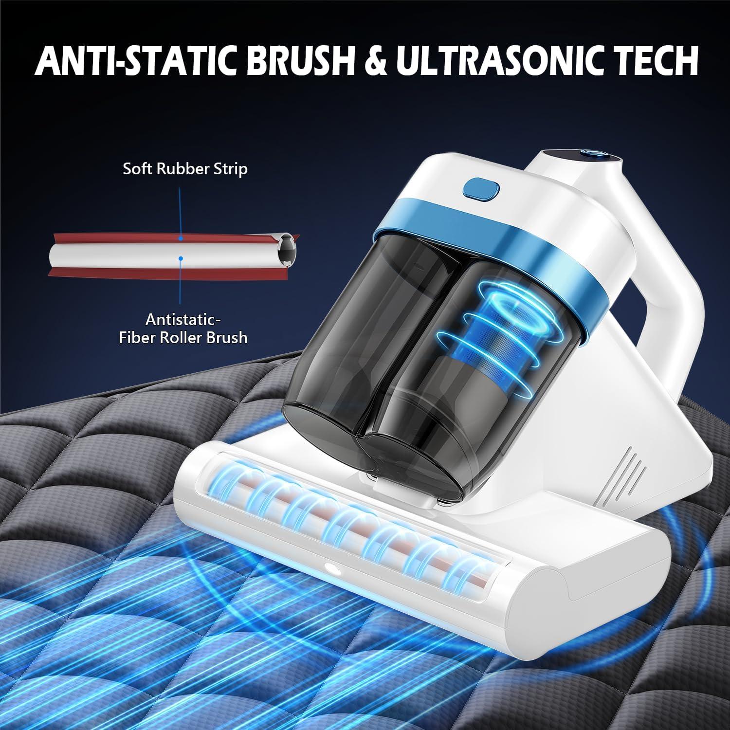 Mattress Cleaner Vacuum with Strong Suction, Ultrasonic Heating Tech & 140°F Heat & Widened Port Vacuum, 500W 20Kpa Power Double-Cup Handheld Bed Vacuums for Cribs Pillows Fabric Surface