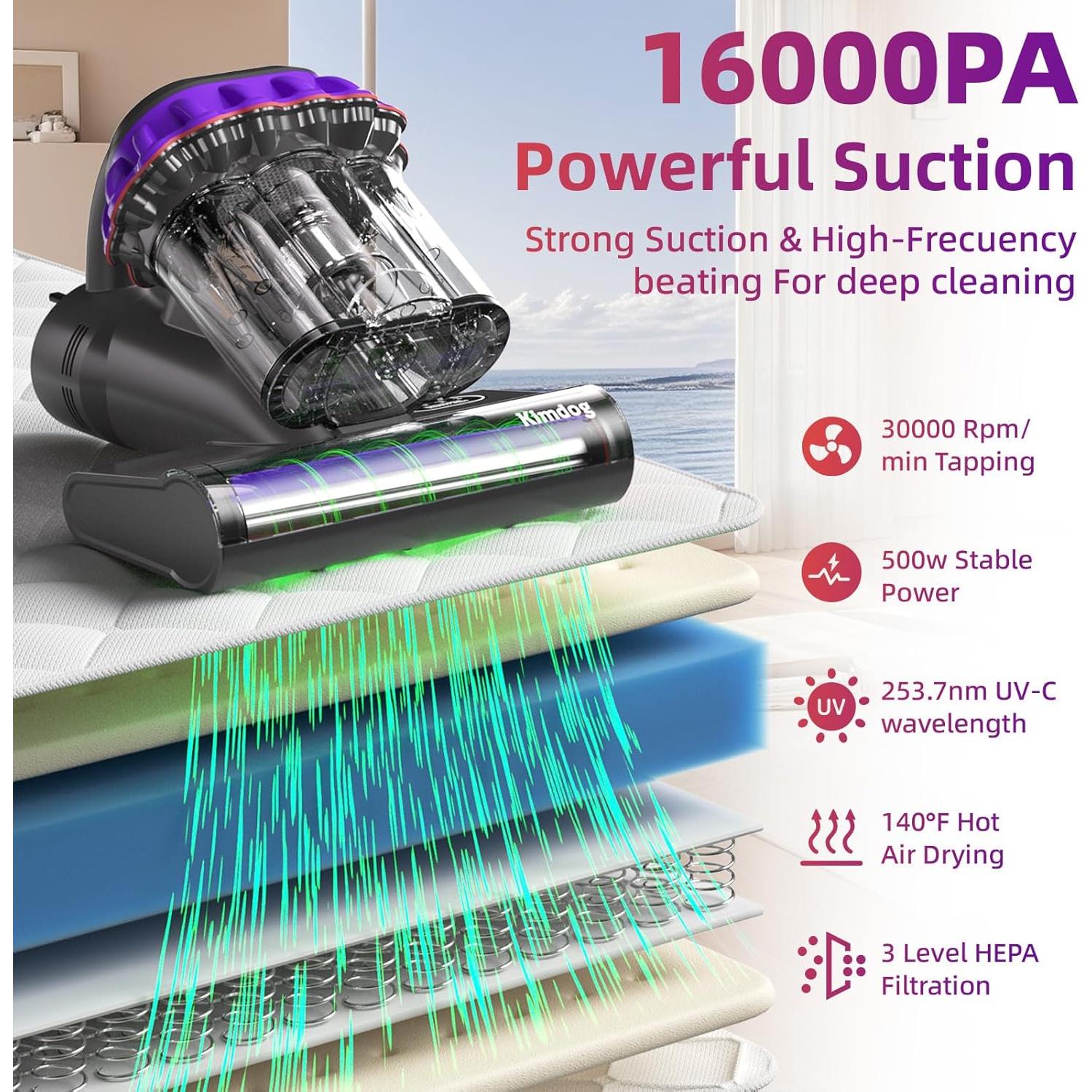 Aspiradora de Colchón Kimdog CM003 500W con Luz UV-C y Filtro HEPA