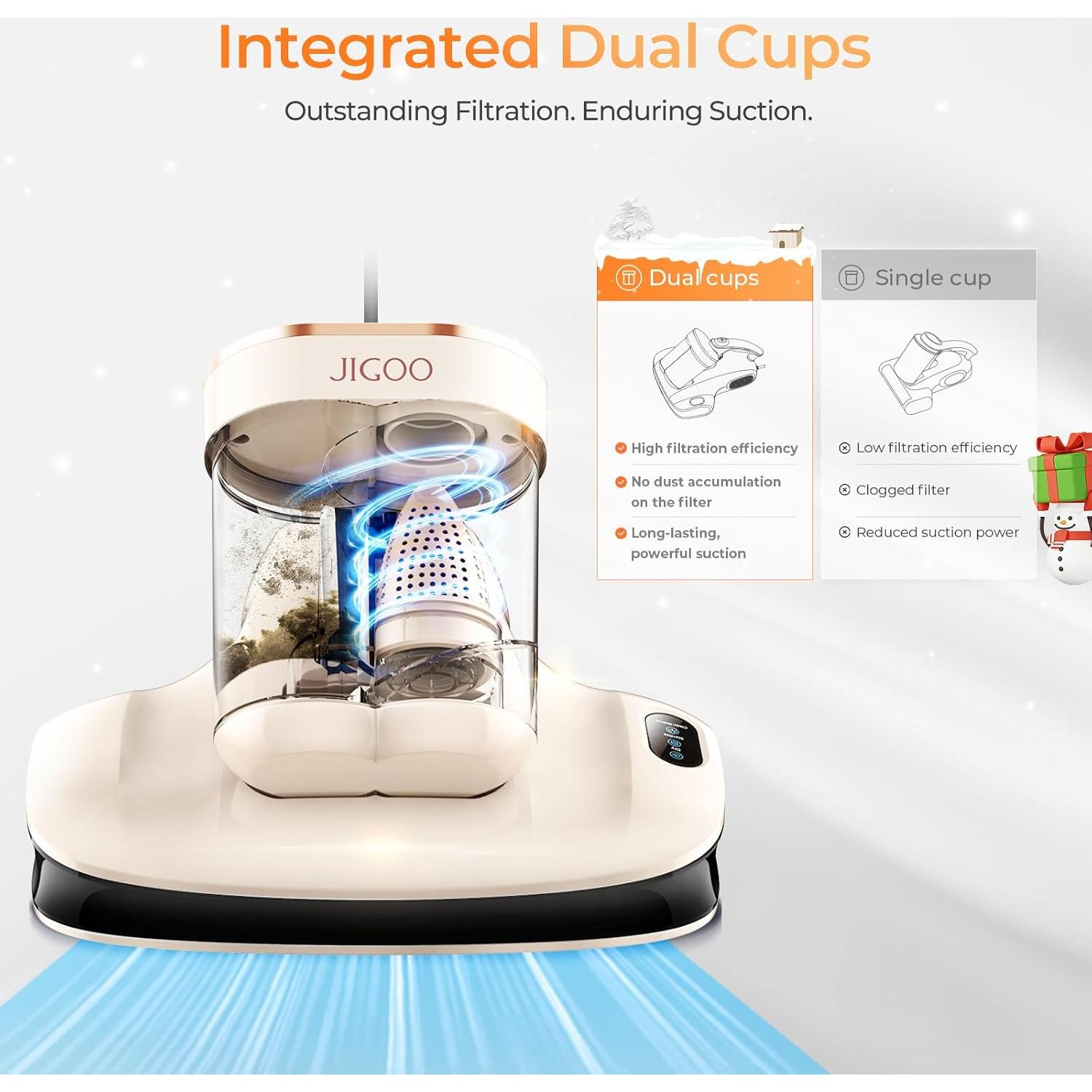 JIGOO Mattress Vacuum Cleaner UV Sanitizing, Anti-allergen Bed Cleaner with 12Kpa Suction, Handheld Vacuums for Dust & Pet Hair, Effectively Clean Up Bed, Pillows, Cloth Sofas, Carpets