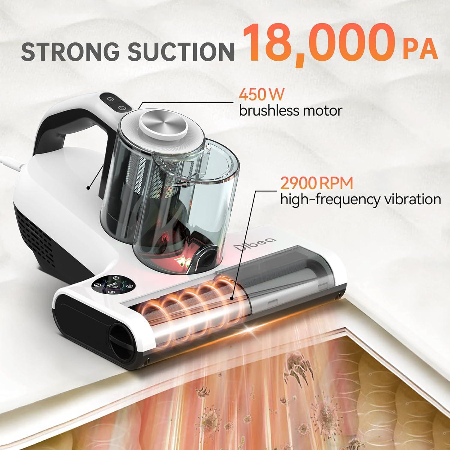 Dibea Handheld Mattress Vacuum, Upholstery Bed Vacuum Cleaner Machine, 18KPa Suction, 140℉ Heating, Smart Dust Sensor, Washable HEPA Filter, Deep Clean Dust, Debris on Couch, Fabric, Furniture