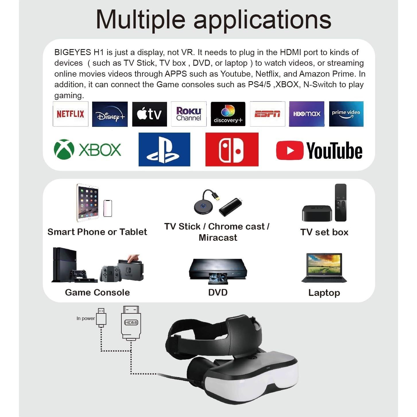 Gafas de Video 3D VISIONHMD Bigeyes H1 HDMI Pantalla 720p