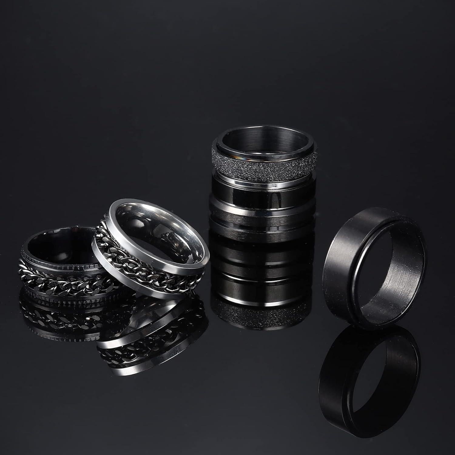 Conjunto de 6 Anillos Giratorios Negros SAILIMUE Acero Inoxidable