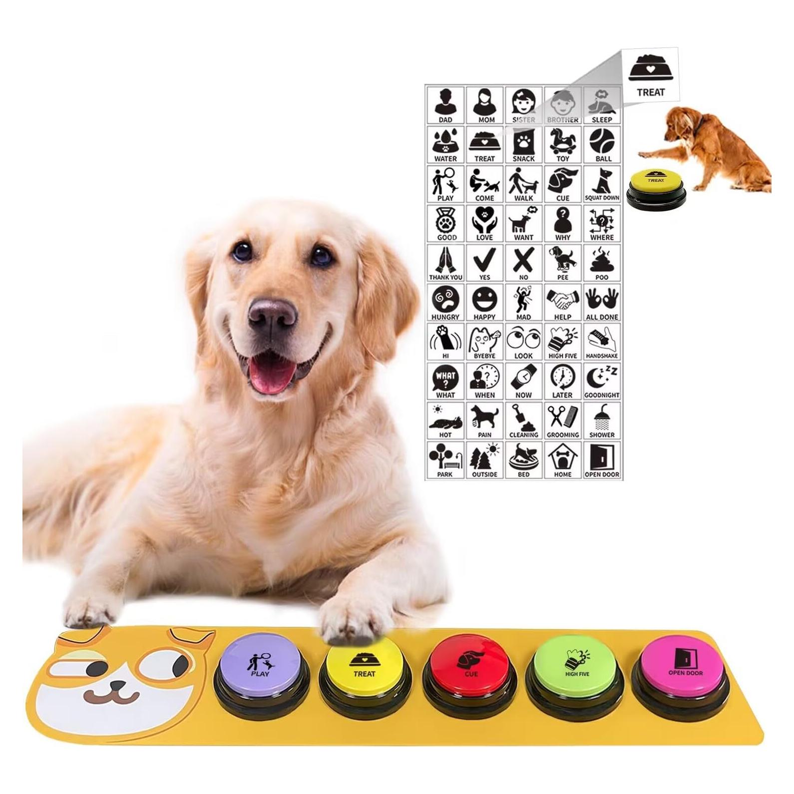 RIBOSY Dog Buttons for Communication, 5 Pcs Dog Speech Training Buzzers with Non-Slip Rubber Pad and 50 Stickers, 30 Seconds Voice Recording Button for Pet to Voice What They Want (Battery Included)