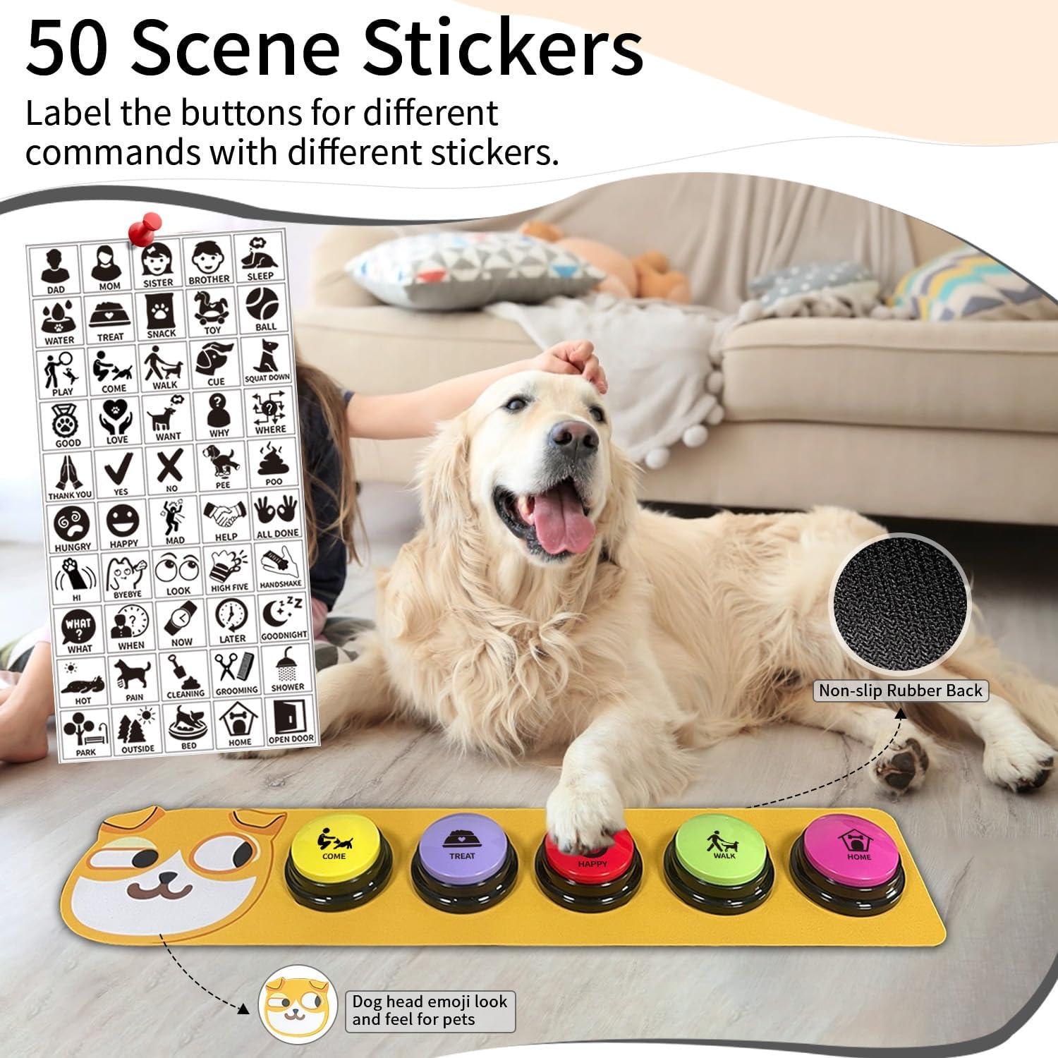RIBOSY Dog Buttons for Communication, 5 Pcs Dog Speech Training Buzzers with Non-Slip Rubber Pad and 50 Stickers, 30 Seconds Voice Recording Button for Pet to Voice What They Want (Battery Included)