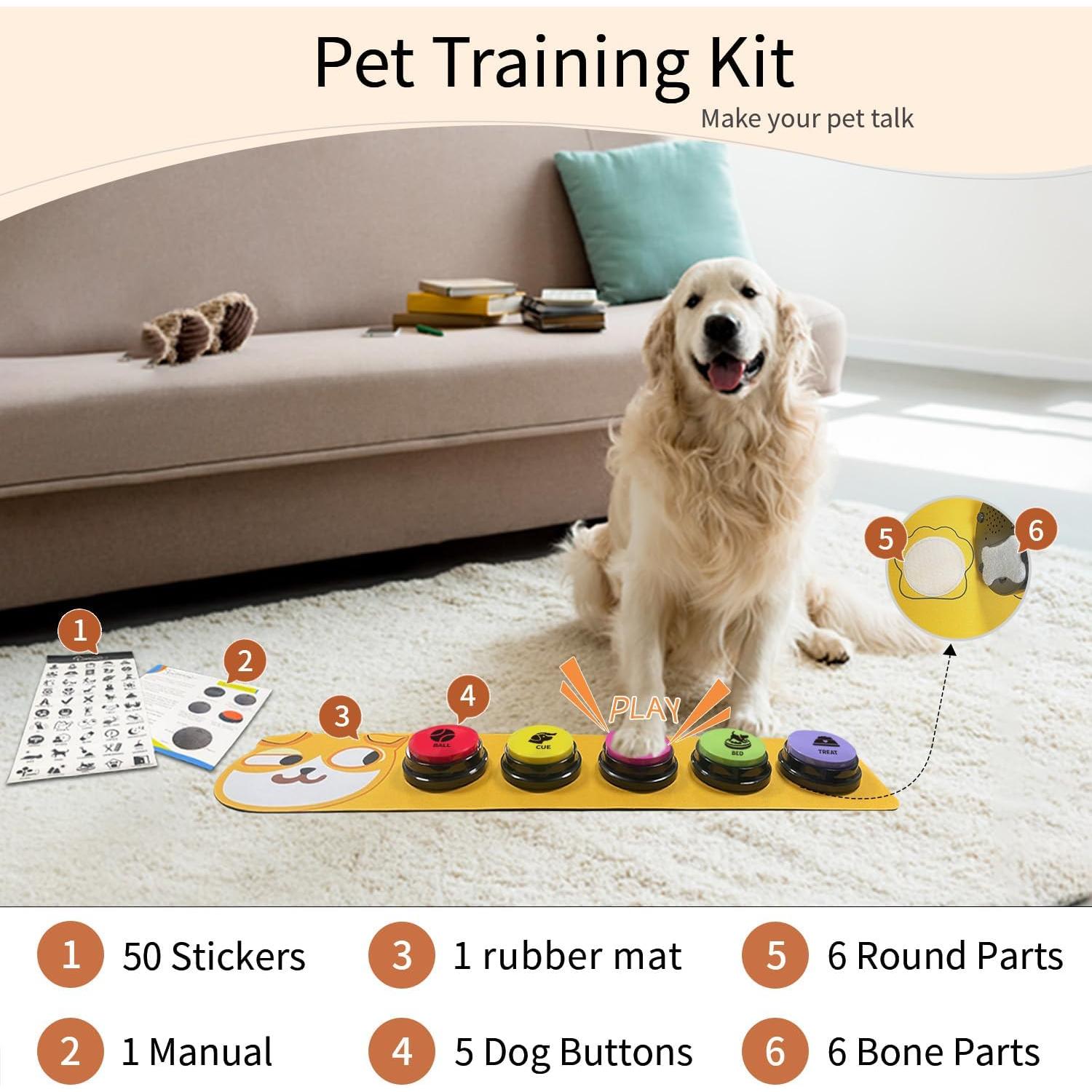 RIBOSY Dog Buttons for Communication, 5 Pcs Dog Speech Training Buzzers with Non-Slip Rubber Pad and 50 Stickers, 30 Seconds Voice Recording Button for Pet to Voice What They Want (Battery Included)