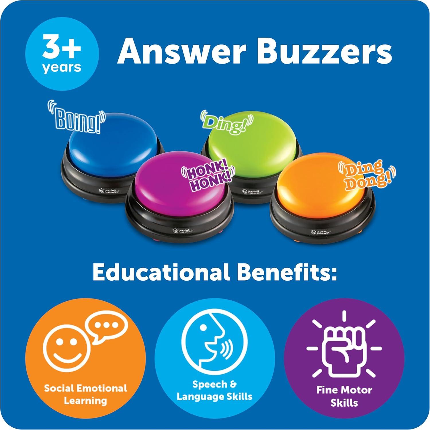 Learning Resources Answer Buzzers - Classroom Must Haves Supplies, Kids Toys, Sound Effect Button, Family Game Shows, Buzzers for Trivia, Participation Tools Boys and Girls Birthday Gifts