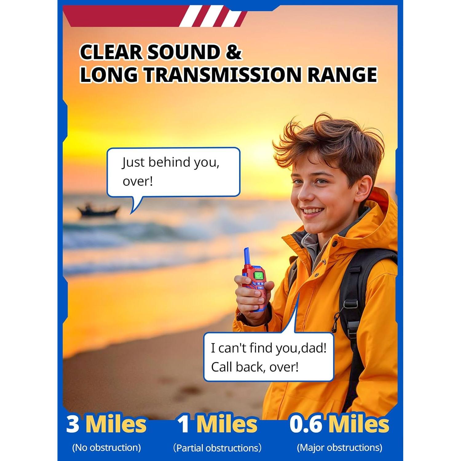 Walkie Talkies for Kids Rechargeable, Long Range 2 Way Radio, Outdoor Camping Games Toy Birthday Xmas Gift for Boys Age 7-12, 2 Pack