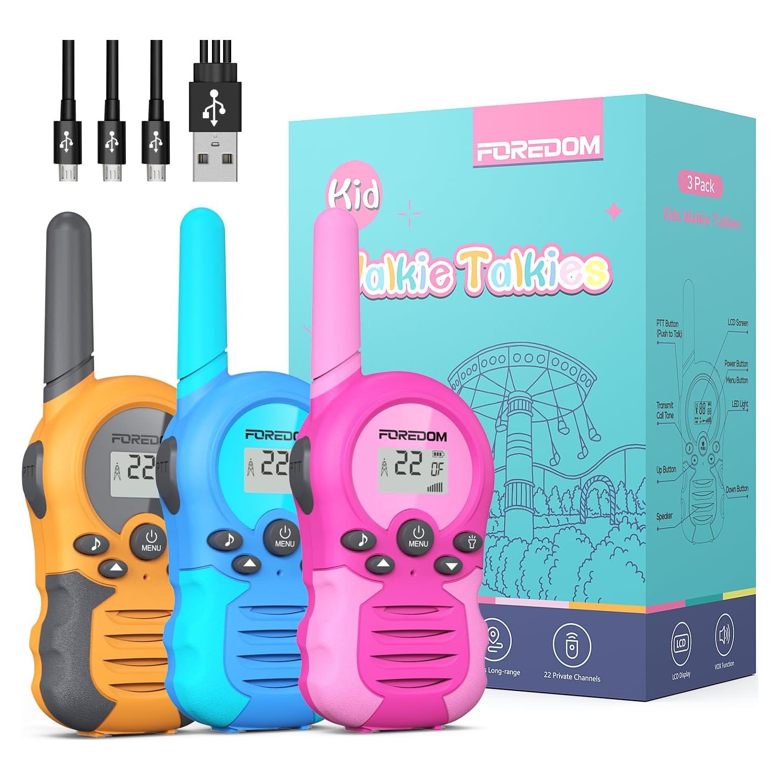 FOREDOM Rechargeable Walkie Talkies for Kids Walkie Talkies Long Range for Boy & Girl Age 3 to 12 Year Old Birthday Toys - 3 Pack