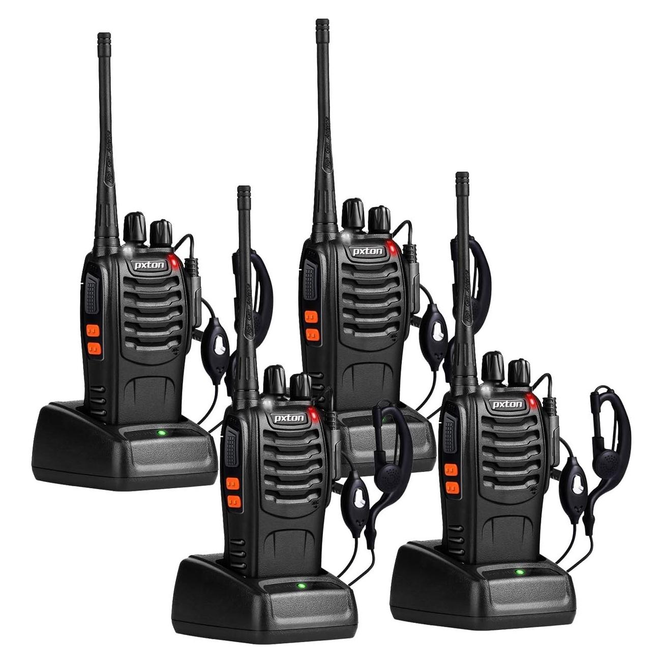 pxton Walkie Talkies Long Range for Adults with Earpieces,16 Channel Walky Talky Rechargeable Handheld Two Way Radios with Flashlight Li-ion Battery and Charger（4 Pack）