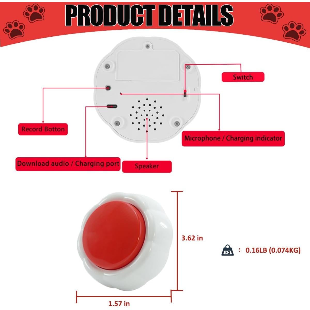 Botón de Grabación de Voz para Perros XLW 16MB Rojo