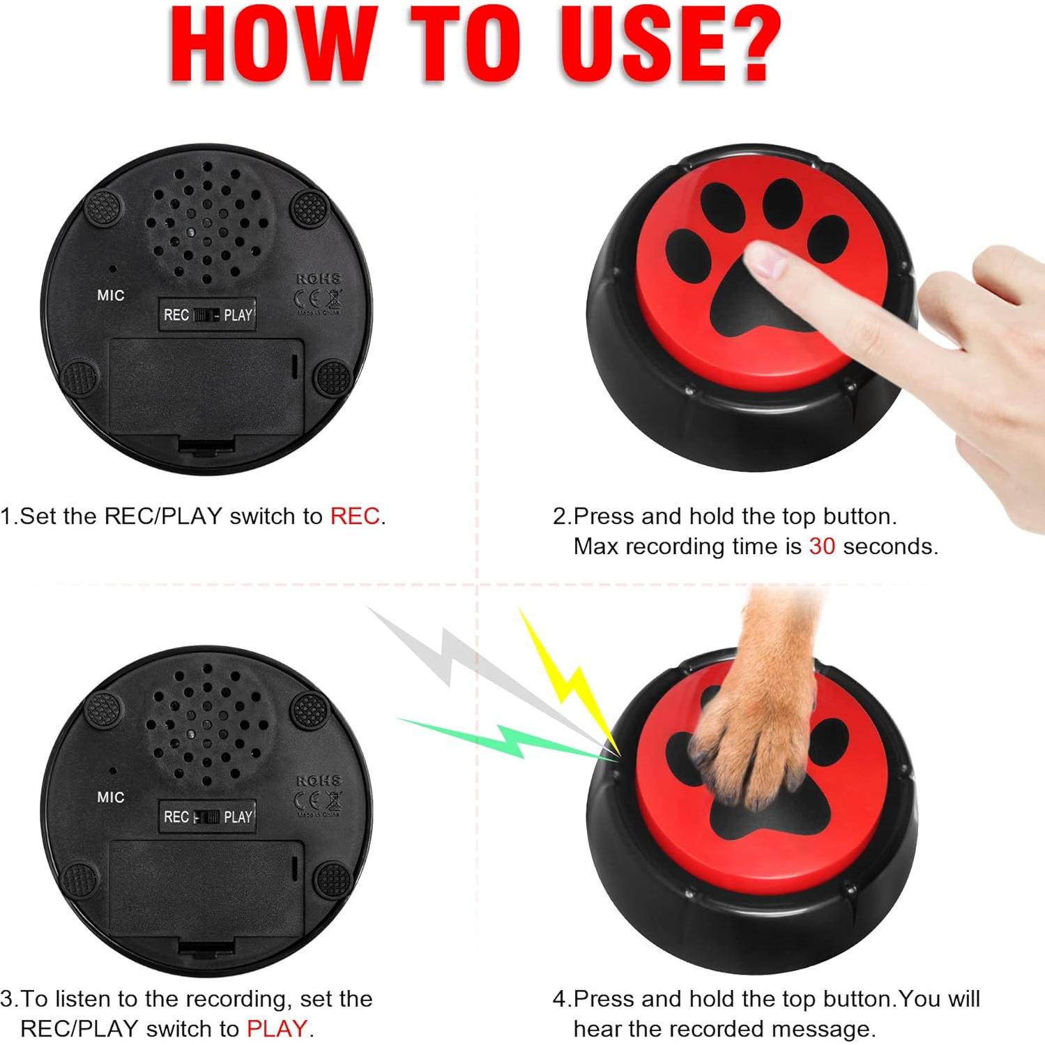 Recordable Buttons for Dogs, Cat and Dog Buttons for Communication Dogs Speech Training Buttons Talking Sound Buttons - 30 Seconds Record Button, Pack of 4 (Battery Included)