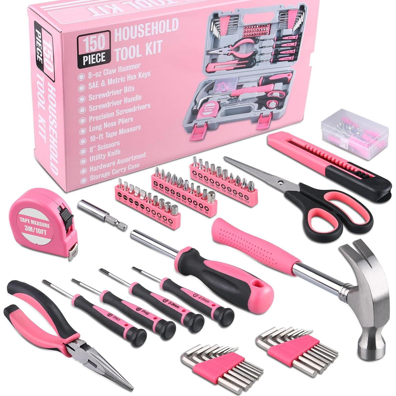 WINNER 150-Piece Pink Color All-Purpose Household Tool Kit in Toolbox Storage Case, Perfect for Women, Ladies and Girls with General Home Repairs, DIY Project, Garage, Office and College Dormitory Use