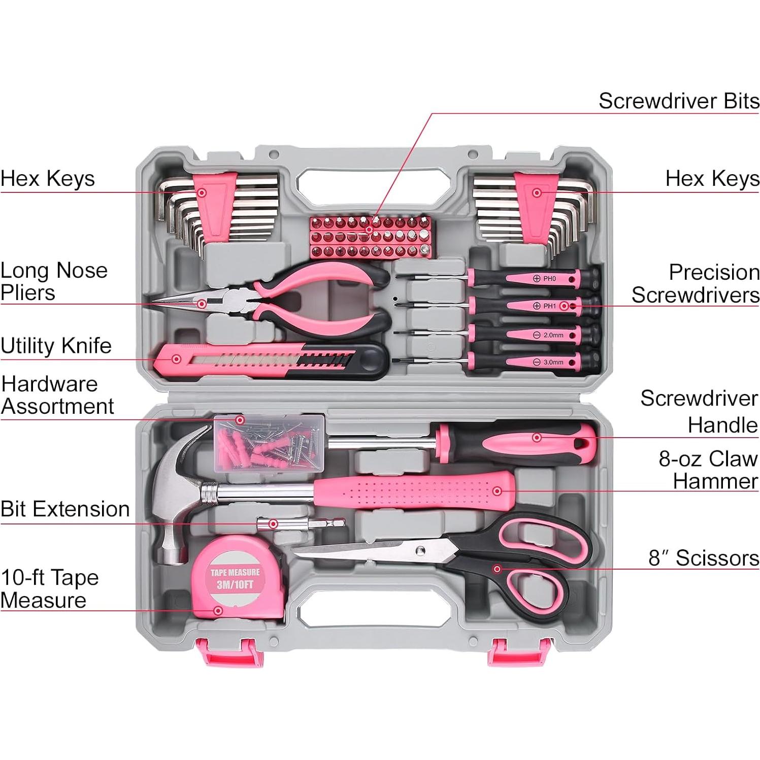 WINNER 150-Piece Pink Color All-Purpose Household Tool Kit in Toolbox Storage Case, Perfect for Women, Ladies and Girls with General Home Repairs, DIY Project, Garage, Office and College Dormitory Use