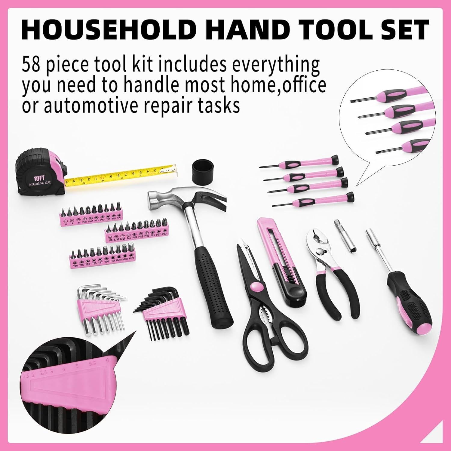 Kit de Herramientas Rosa 58 Piezas GETFOO para el Hogar