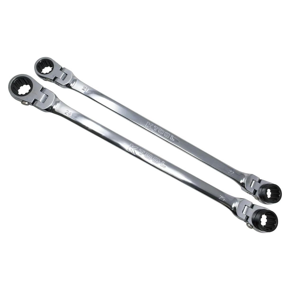 K Tool International XDDBM4 2 Piece Metric Reversible Double Box Ratcheting Wrench Set for Garages, Repair Shops, DIY, Universal Spline, 90 Tooth, 180 Degree Flex Head, Raised Box, 21, 22, 24, 25MM