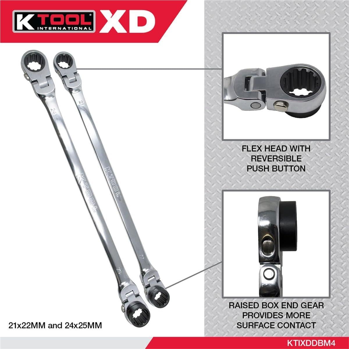 K Tool International XDDBM4 2 Piece Metric Reversible Double Box Ratcheting Wrench Set for Garages, Repair Shops, DIY, Universal Spline, 90 Tooth, 180 Degree Flex Head, Raised Box, 21, 22, 24, 25MM