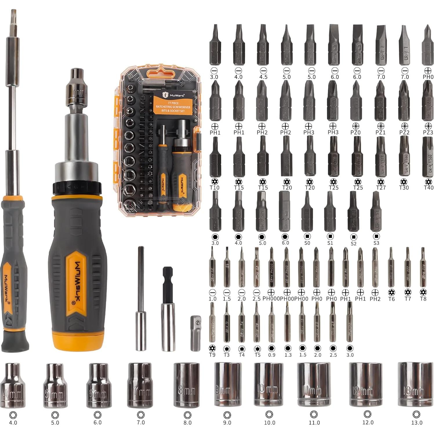 MULWARK Screwdriver Bit Set & Socket Kit, 77-Pieces Ratcheting Screwdriver Set with Case, 77 in 1 Multi Bit Screw Driver for Home DIY, Electronics, Car Emergency and Garage