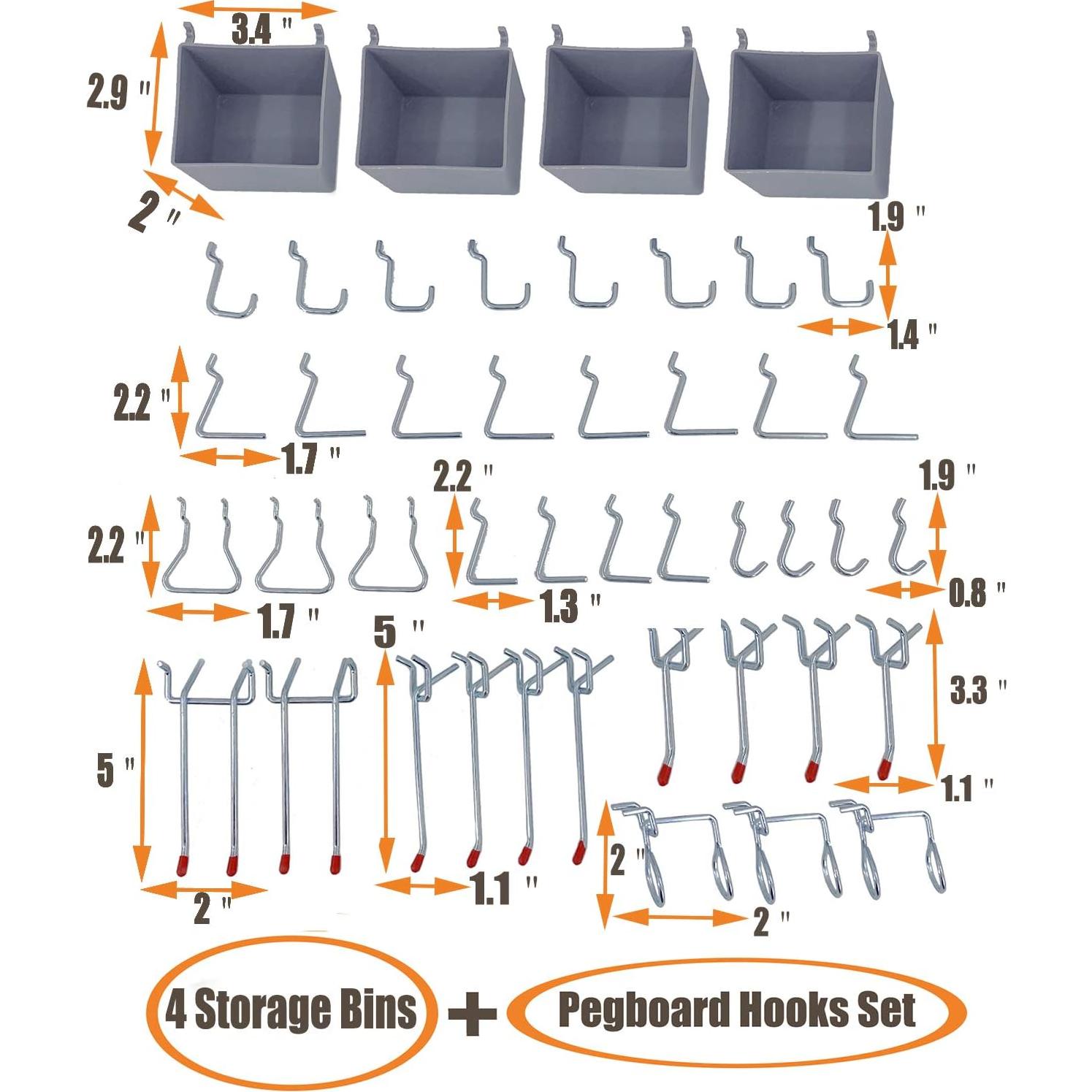 Wallmaster Pegboard Organizer Garage Storage - 48pcs Pegboard Hooks Set, Pegboard Tool Organizer with 48x24 Inch Steel Peg Board & 4 Storage Bins (Black)