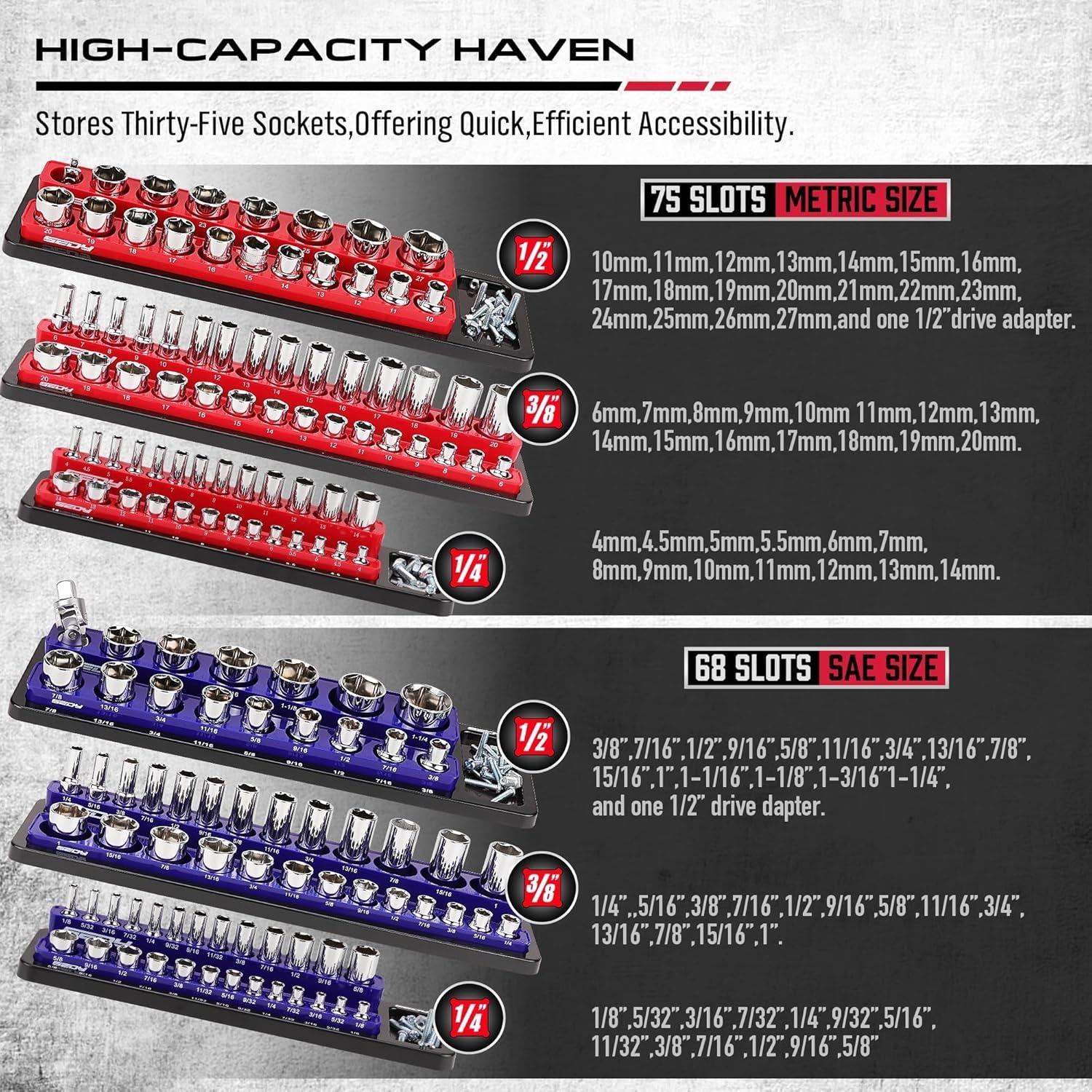 Organizador Magnético de Enchufes SEDY 6 Piezas 1/4 3/8 1/2 Drive