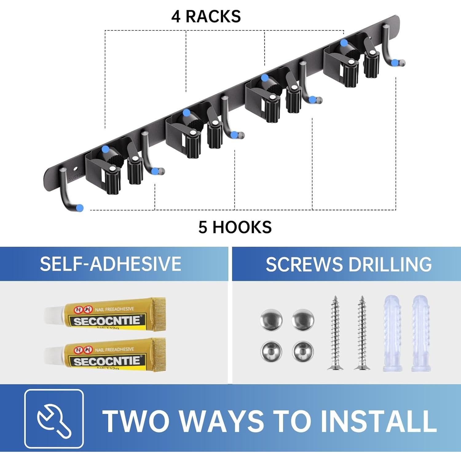 Soporte de Escoba ZONGOOL Pack de 2 Acero Inoxidable Negro