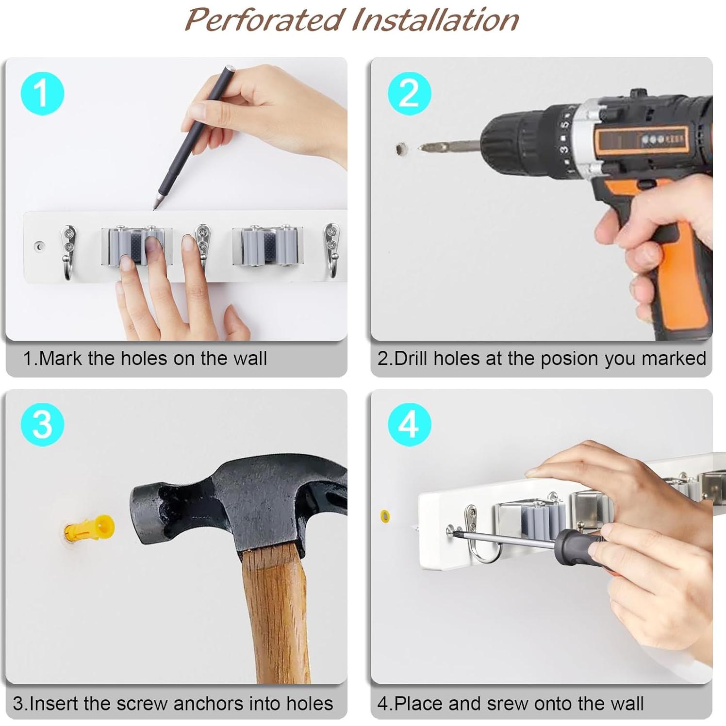 Soporte de Escoba y Mopa Montado en Pared OUTNILI - 2 Paquetes