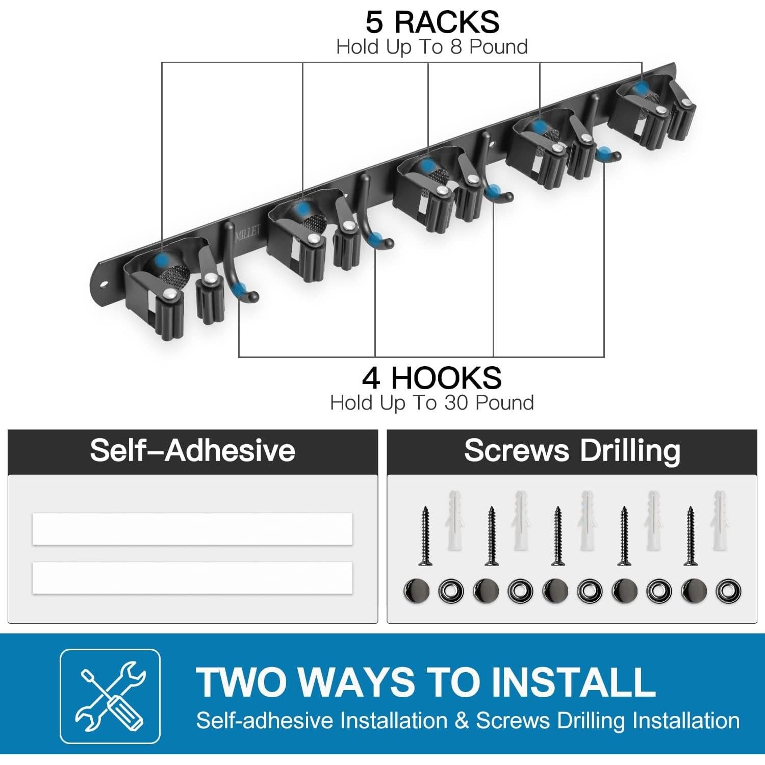 Soporte de Escoba IMILLET Acero Inoxidable 2 Paquetes 5 Soportes