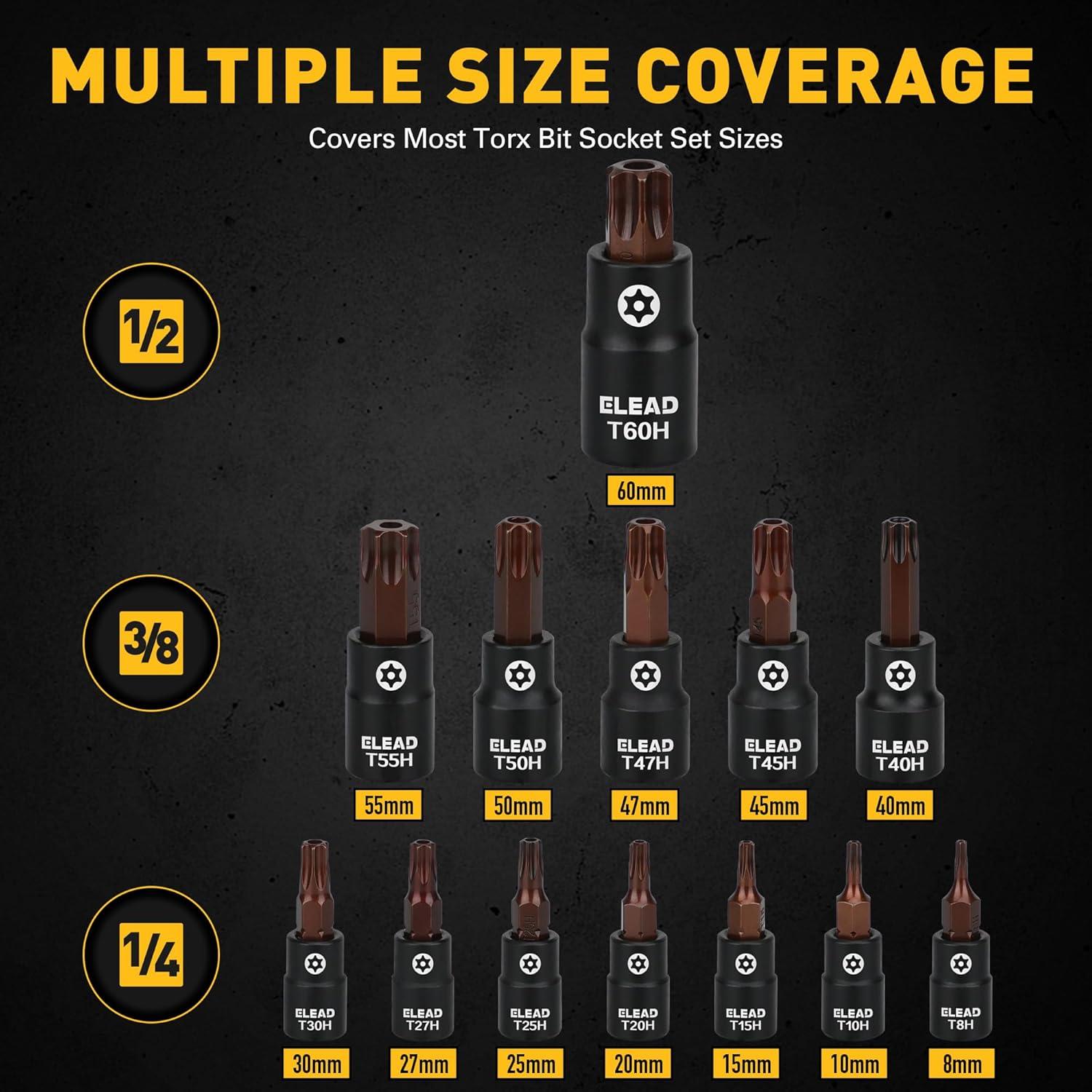 Juego de 16 Piezas Enchufe Torx ELEAD T8-T60 Acero S2