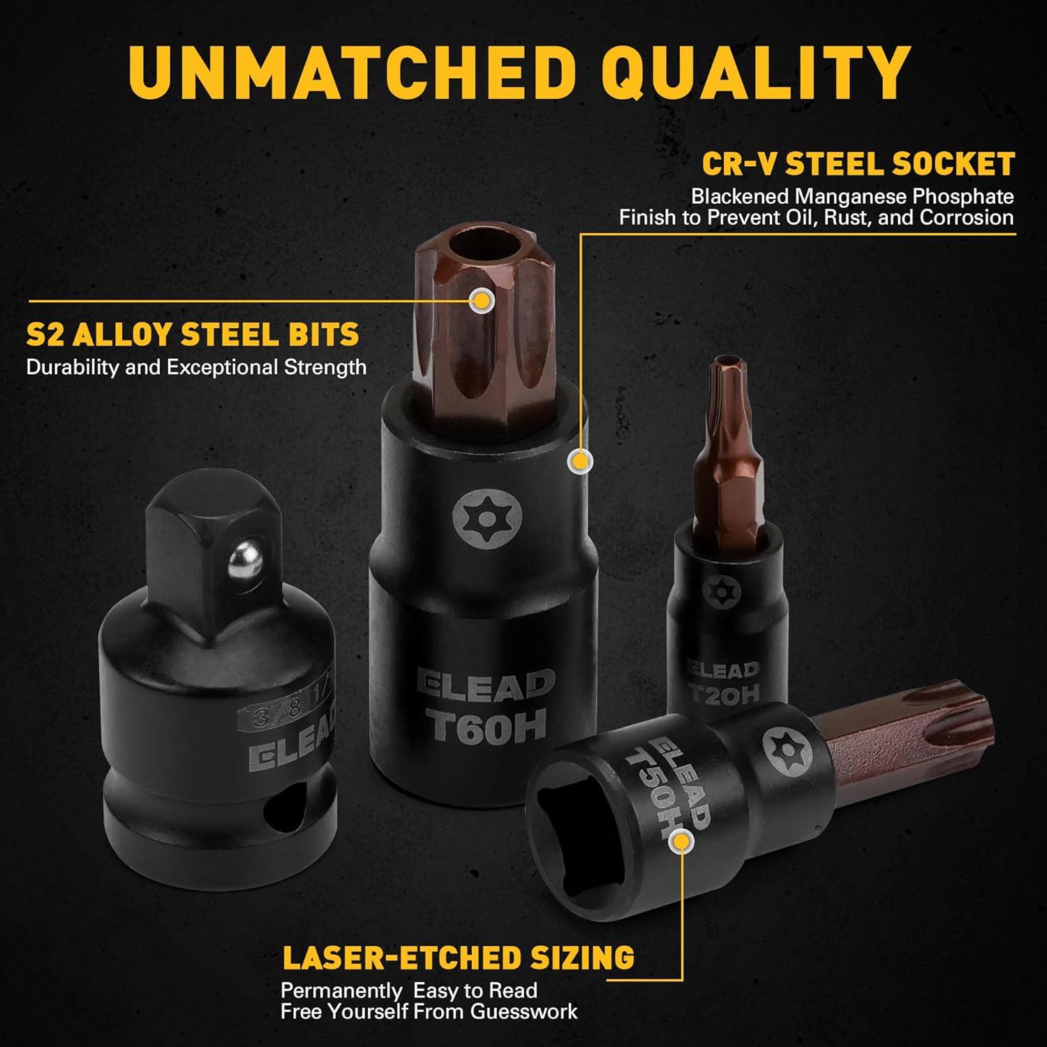 Juego de 16 Piezas Enchufe Torx ELEAD T8-T60 Acero S2