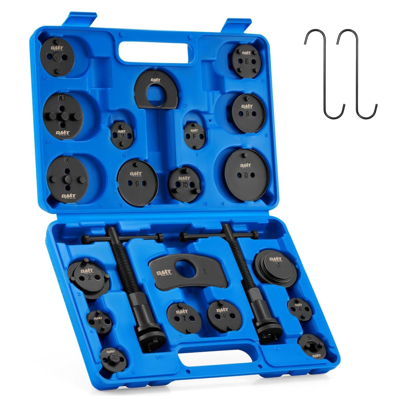 Orion Motor Tech Brake Caliper Wind Back Tool Kit, 24pc Brake Caliper Compression Tool Set with Thrust Bolt Assemblies Retaining Plates Caliper Hangers 18 Disc Adapters, Blue Case
