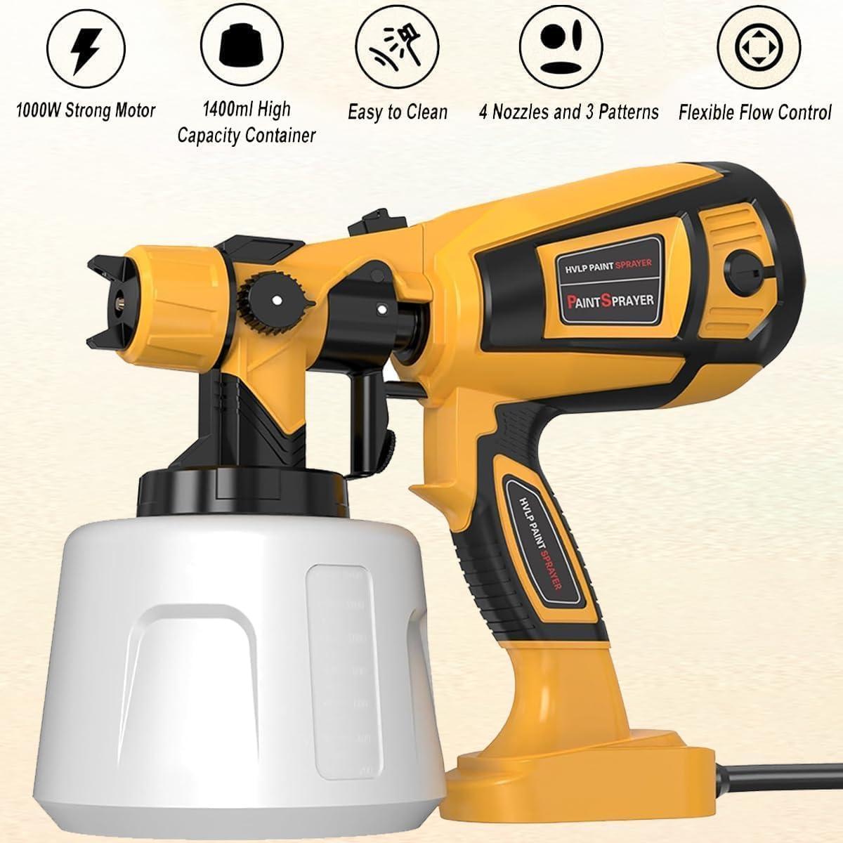 Paint Sprayer 1000W High Power Electric Spray Paint Gun with Adjustable Spray Width Knob,1400ML Container,4 Nozzles & 3 Patterns,Easy to Clean for Furniture Cabinets House Painting Yellow