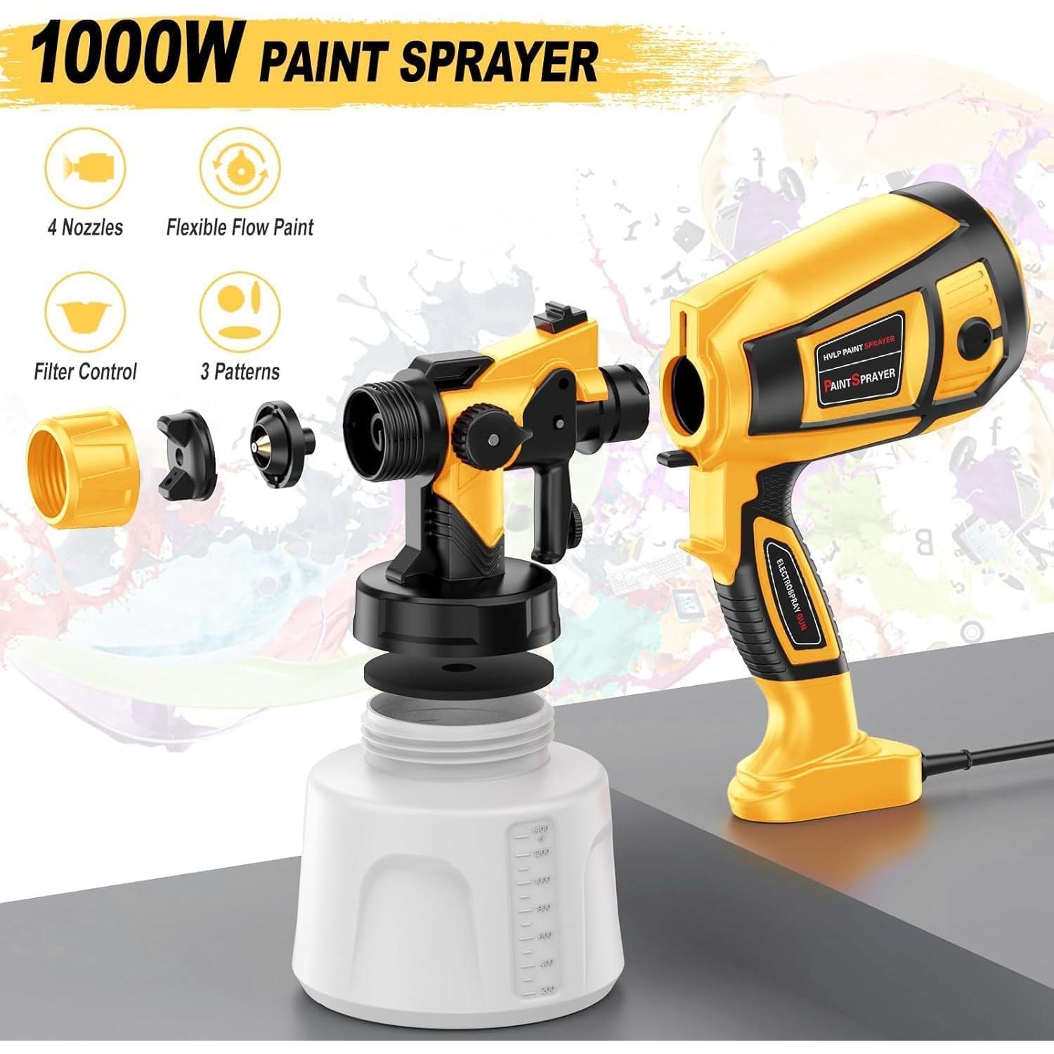 Paint Sprayer 1000W High Power Electric Spray Paint Gun with Adjustable Spray Width Knob,1400ML Container,4 Nozzles & 3 Patterns,Easy to Clean for Furniture Cabinets House Painting Yellow