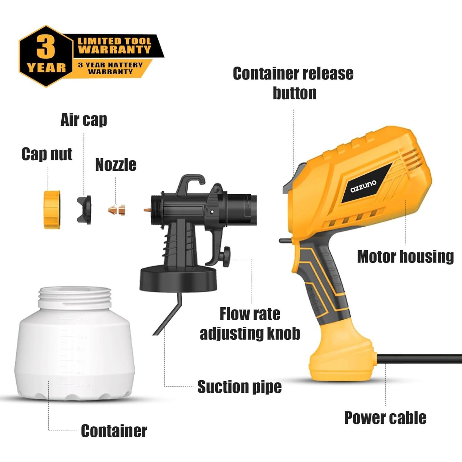 AZZUNO Paint Sprayer, 700W HVLP High Power Electric Paint Gun, 4 Copper Nozzles & 3 Spray Patterns, Easy to Clean, for Furniture Cabinets Fence Walls Door DIY Works Garden Chairs etc