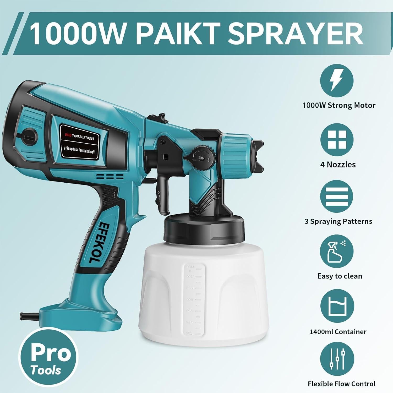 Pulverizador de Pintura Eléctrico EFEKOL 1000W 1400ml 4 Boquillas