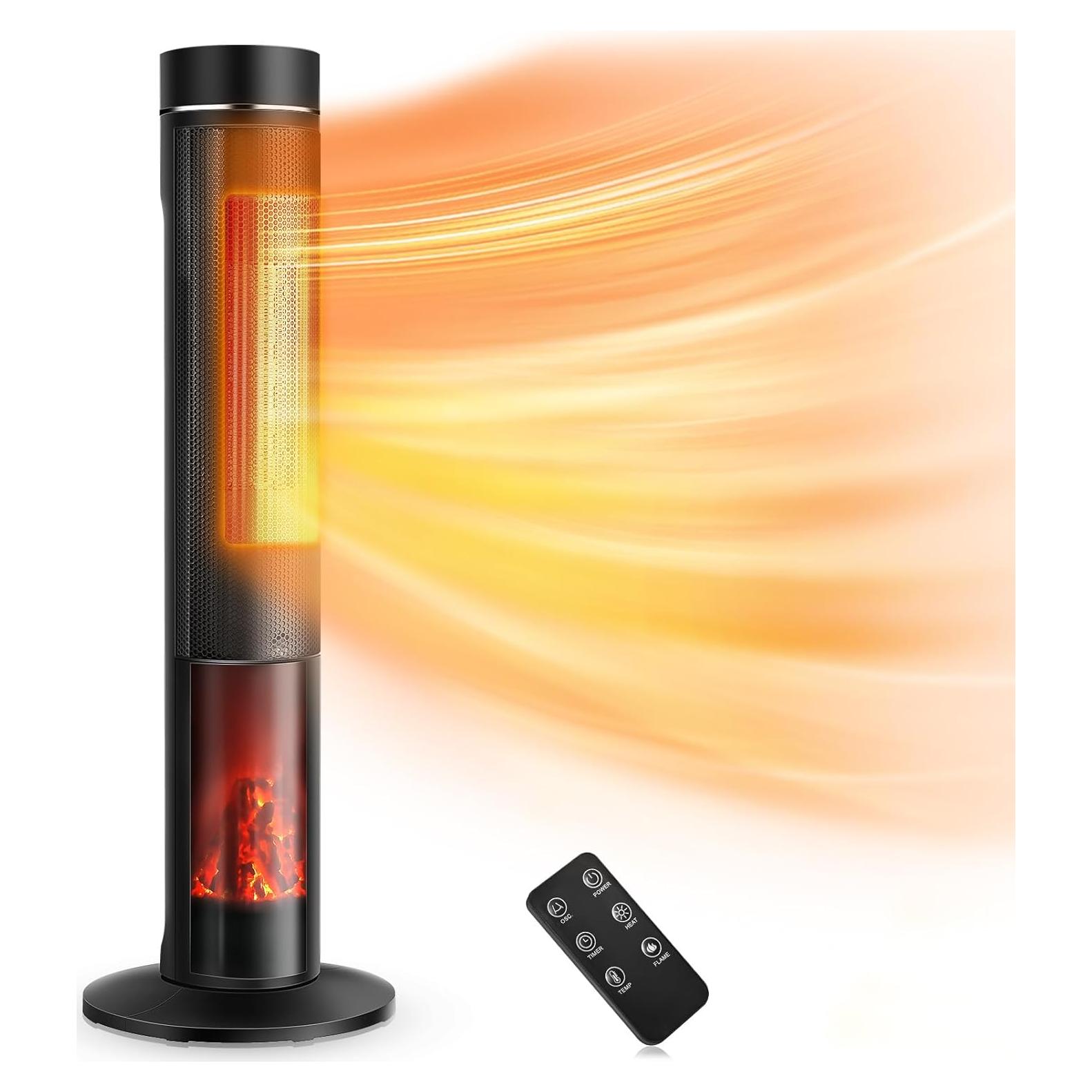 TRUSTECH 36" Tower Space Heater for Large Room, 1500W PTC Electric Tower Heater with Adjustable Thermostat, 4 Modes & 3D Flame, 12H Timer, Oscillating, Remote Control, Ideal for Indoor Use, Bedroom