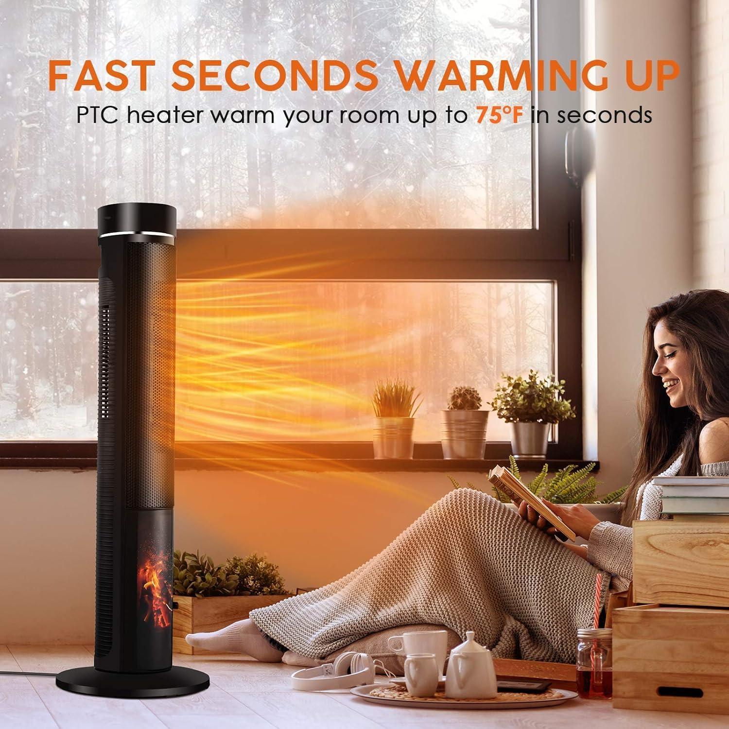 TRUSTECH 36" Tower Space Heater for Large Room, 1500W PTC Electric Tower Heater with Adjustable Thermostat, 4 Modes & 3D Flame, 12H Timer, Oscillating, Remote Control, Ideal for Indoor Use, Bedroom
