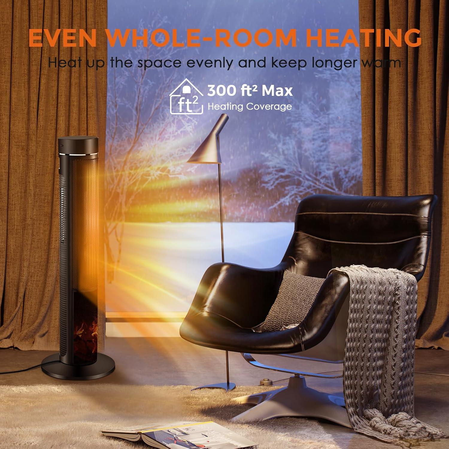 TRUSTECH 36" Tower Space Heater for Large Room, 1500W PTC Electric Tower Heater with Adjustable Thermostat, 4 Modes & 3D Flame, 12H Timer, Oscillating, Remote Control, Ideal for Indoor Use, Bedroom