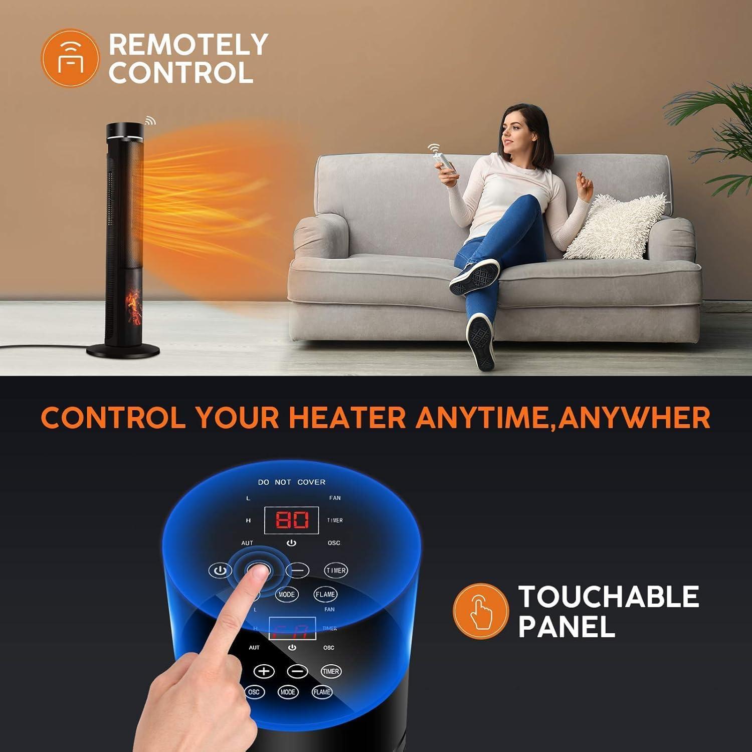 TRUSTECH 36" Tower Space Heater for Large Room, 1500W PTC Electric Tower Heater with Adjustable Thermostat, 4 Modes & 3D Flame, 12H Timer, Oscillating, Remote Control, Ideal for Indoor Use, Bedroom