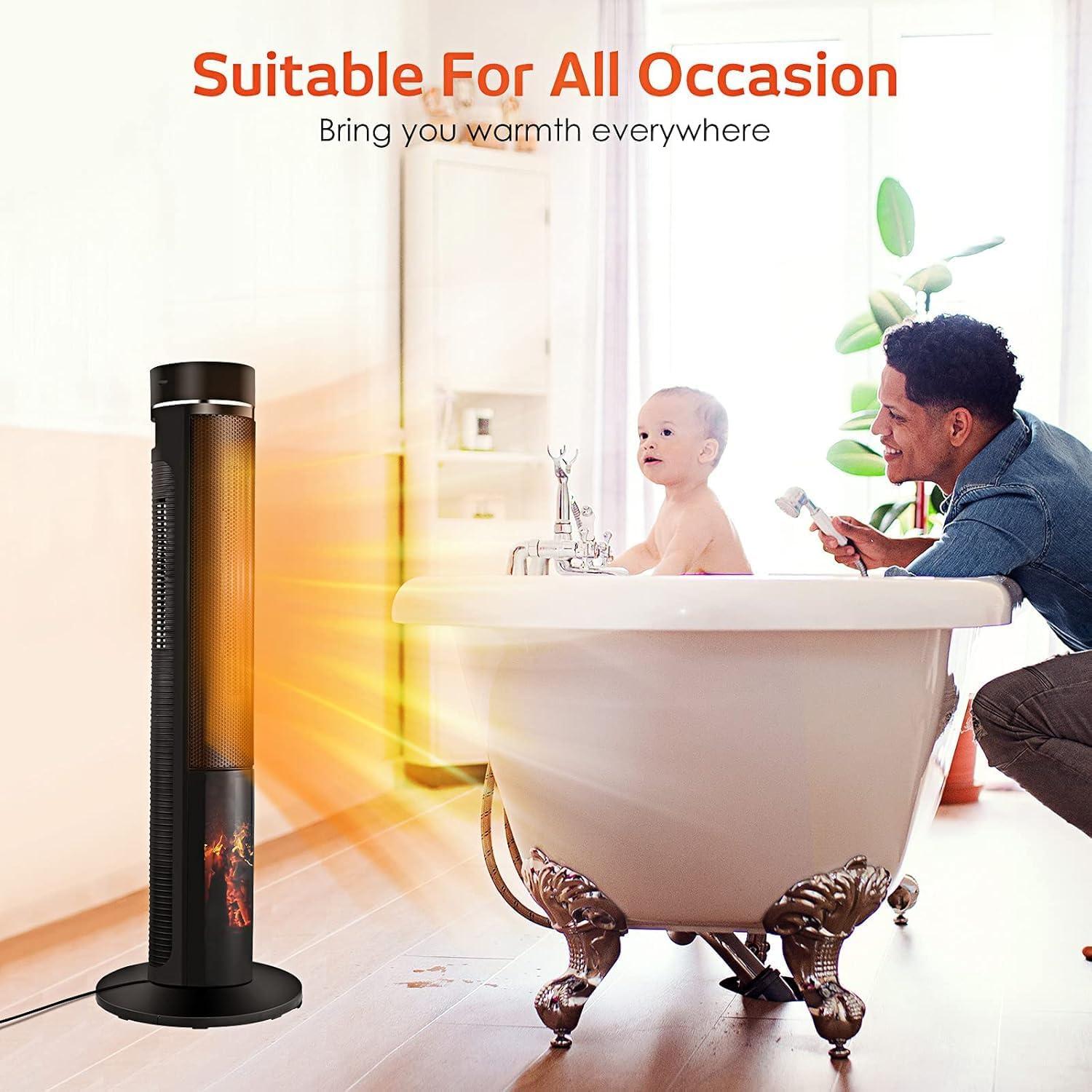 TRUSTECH 36" Tower Space Heater for Large Room, 1500W PTC Electric Tower Heater with Adjustable Thermostat, 4 Modes & 3D Flame, 12H Timer, Oscillating, Remote Control, Ideal for Indoor Use, Bedroom