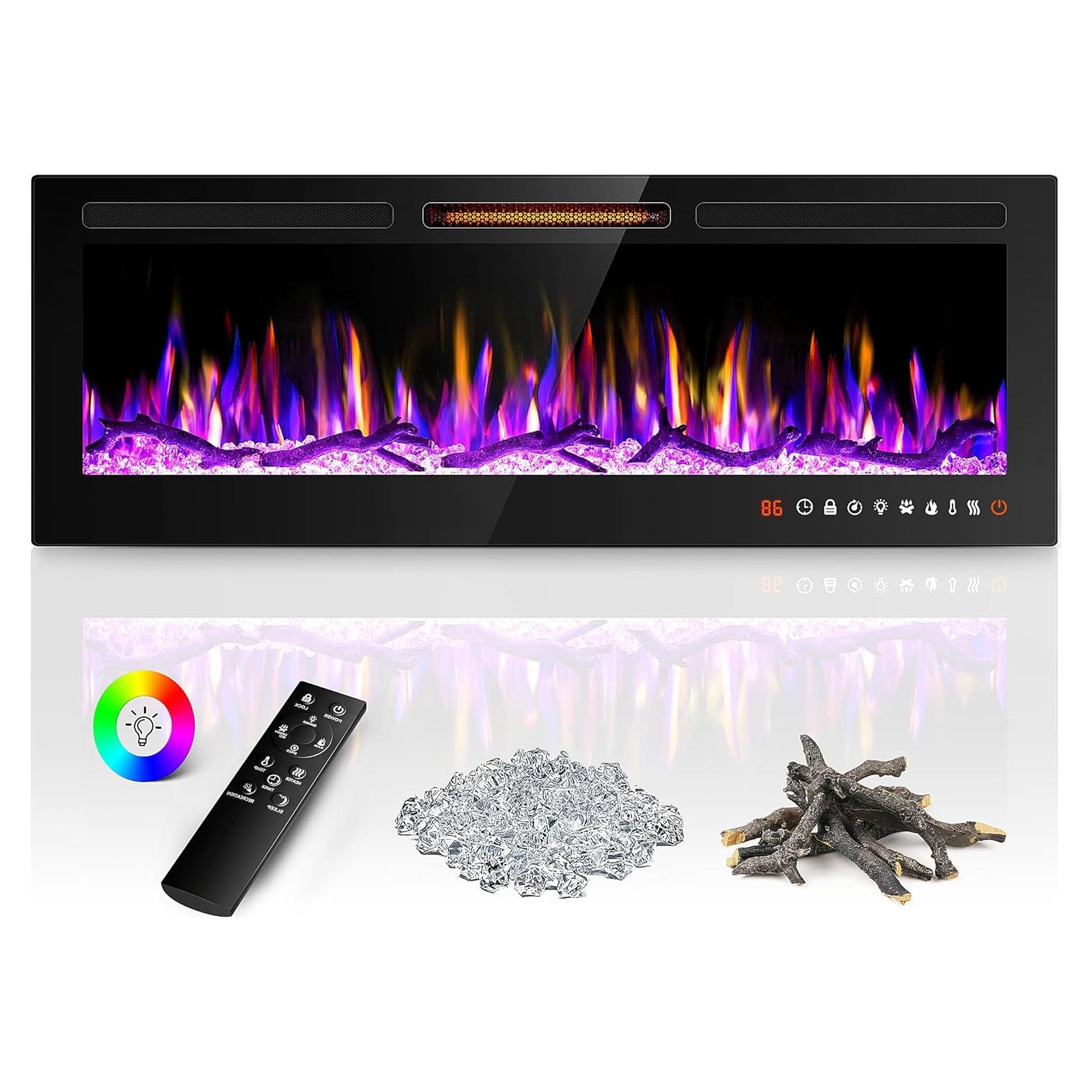 50'' Electric Fireplace Heater, Recessed and Wall Mounted Freestanding Linear Fireplace, Ultra-Thin Wall Fireplace with 13 Adjustable Flame Color and 5 Brightness, Remote Control, 1500/750W