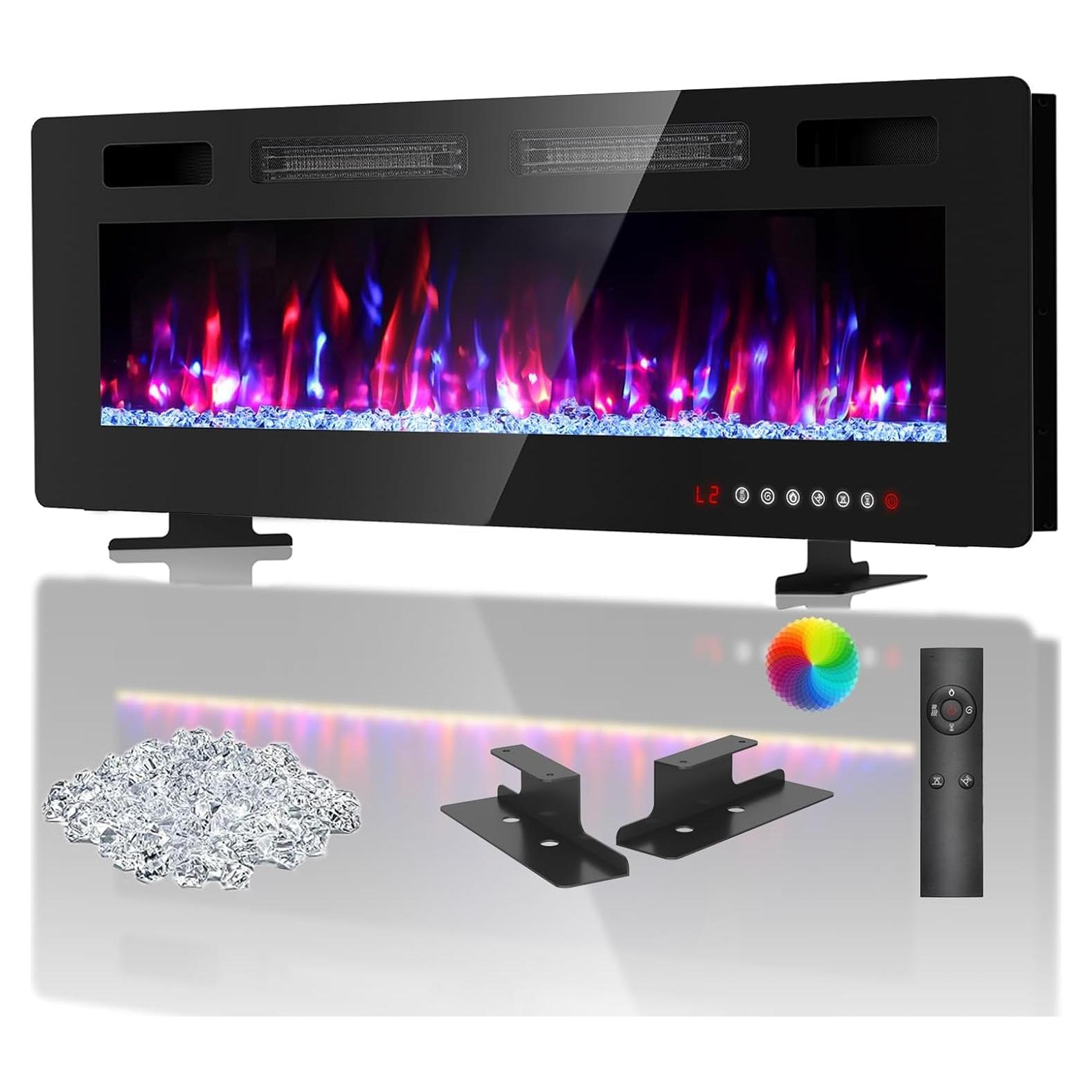 BREEZEHEAT 60 Inch Ultra Thin Electric Fireplace-Freestanding or Recessed Wall Mounted Fireplace Heater, Remote Control, Touch Screen, 750W/1500W, 8H Timer for Living Room, Bedroom, Office