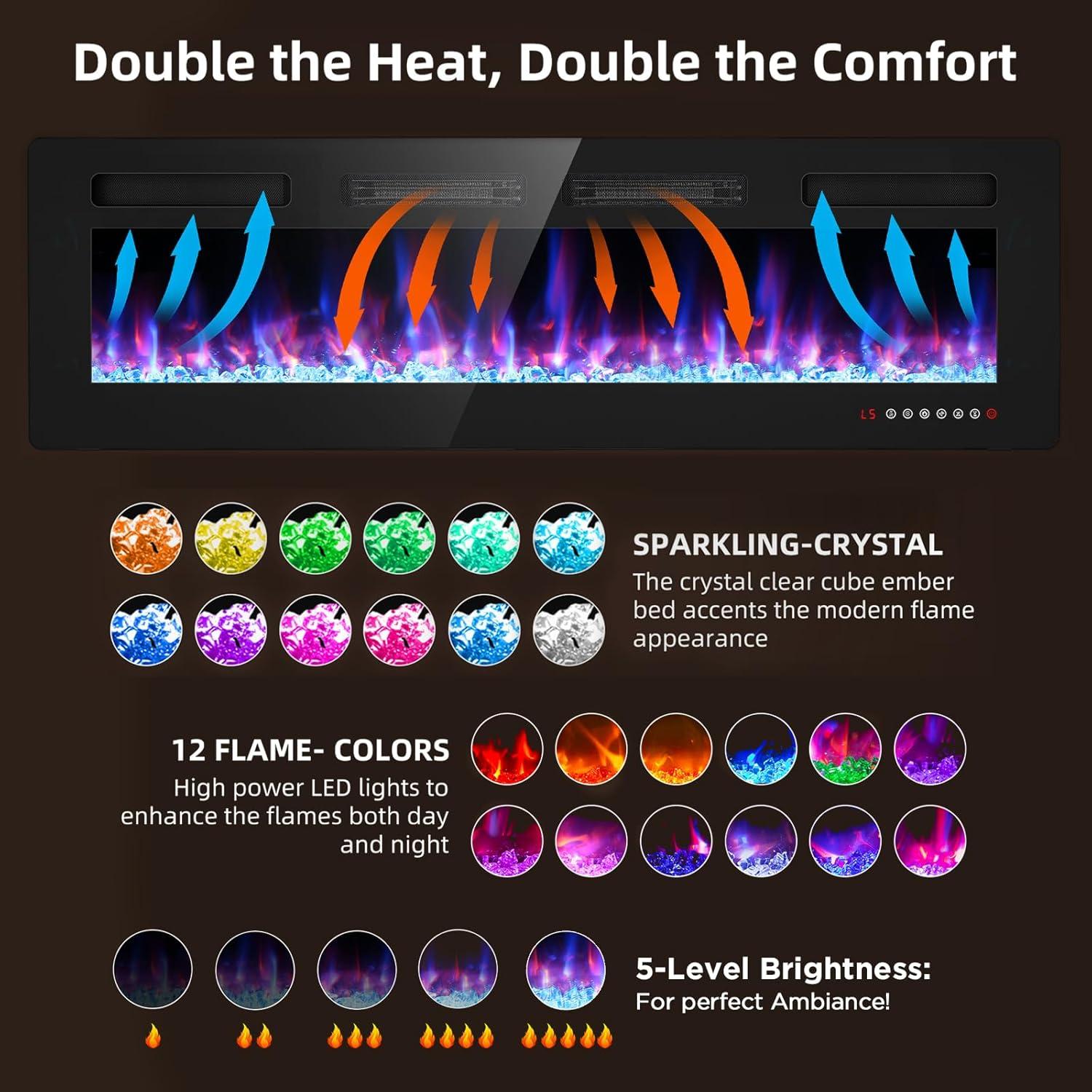 BREEZEHEAT 60 Inch Ultra Thin Electric Fireplace-Freestanding or Recessed Wall Mounted Fireplace Heater, Remote Control, Touch Screen, 750W/1500W, 8H Timer for Living Room, Bedroom, Office