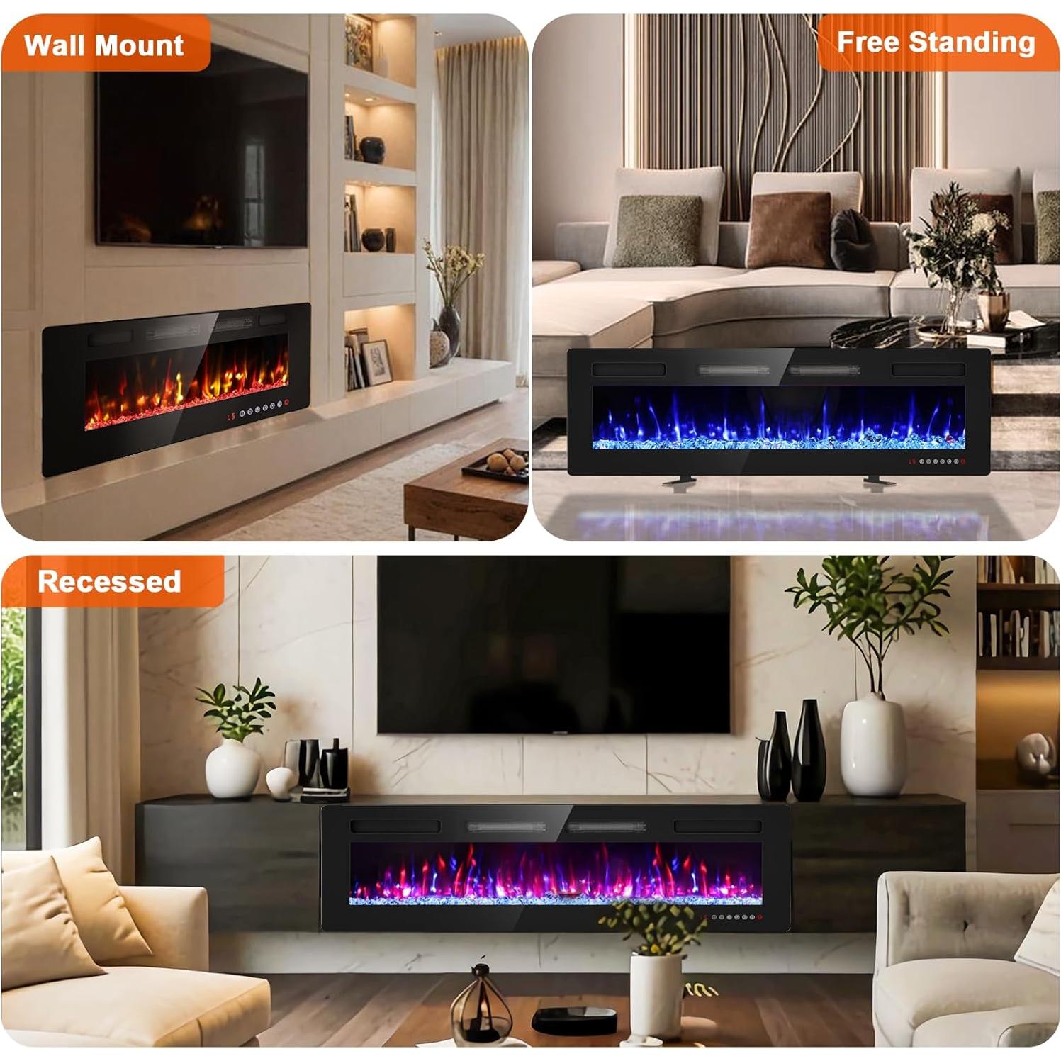BREEZEHEAT 60 Inch Ultra Thin Electric Fireplace-Freestanding or Recessed Wall Mounted Fireplace Heater, Remote Control, Touch Screen, 750W/1500W, 8H Timer for Living Room, Bedroom, Office