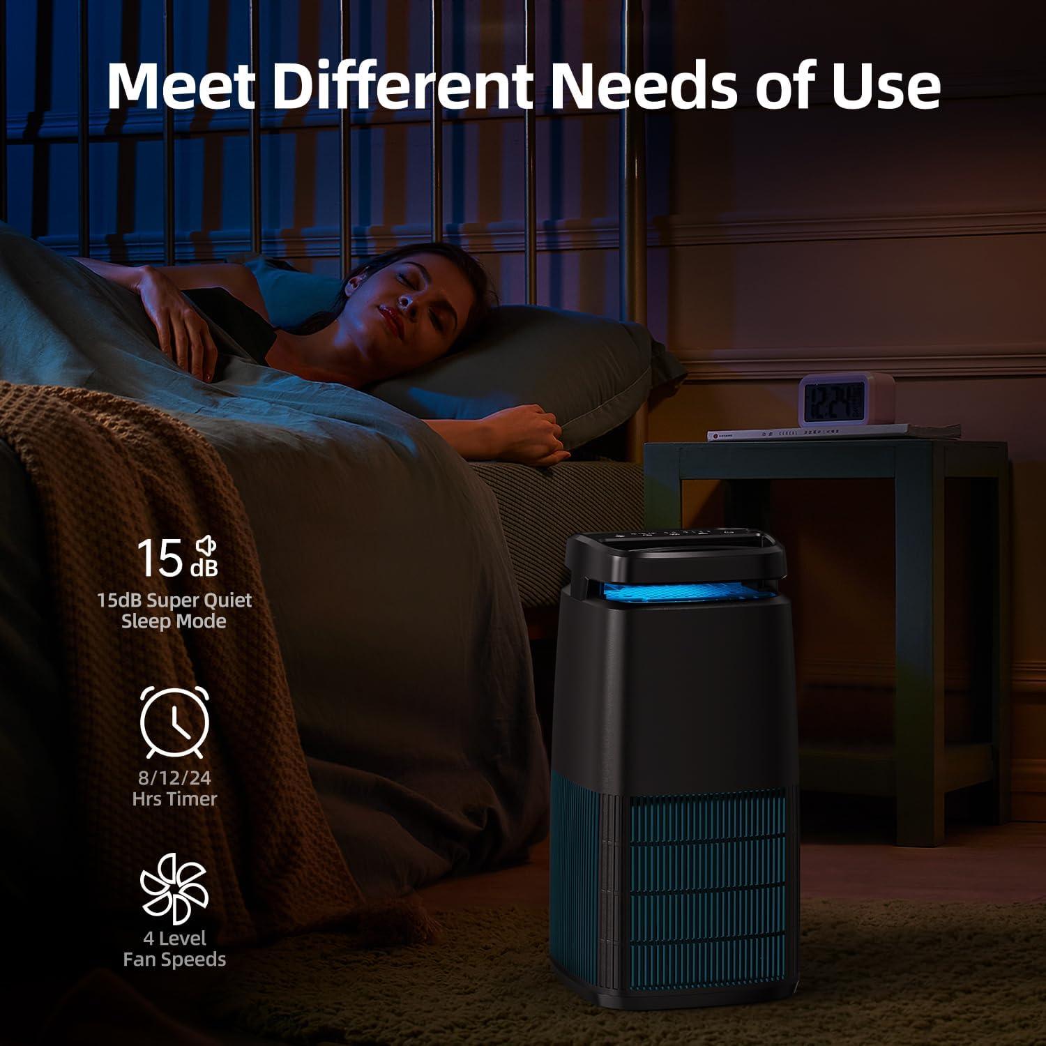 POMORON 4-in-1 Air Purifiers for Home, Air Ionizer Negative Ion Generator, H13 HEPA Filter, UV, Covers 1250 Ft² 99.97% Removal Rate for Pollen Smoke Pet Dander Air Cleaner for Bedroom, MJ002H, Black